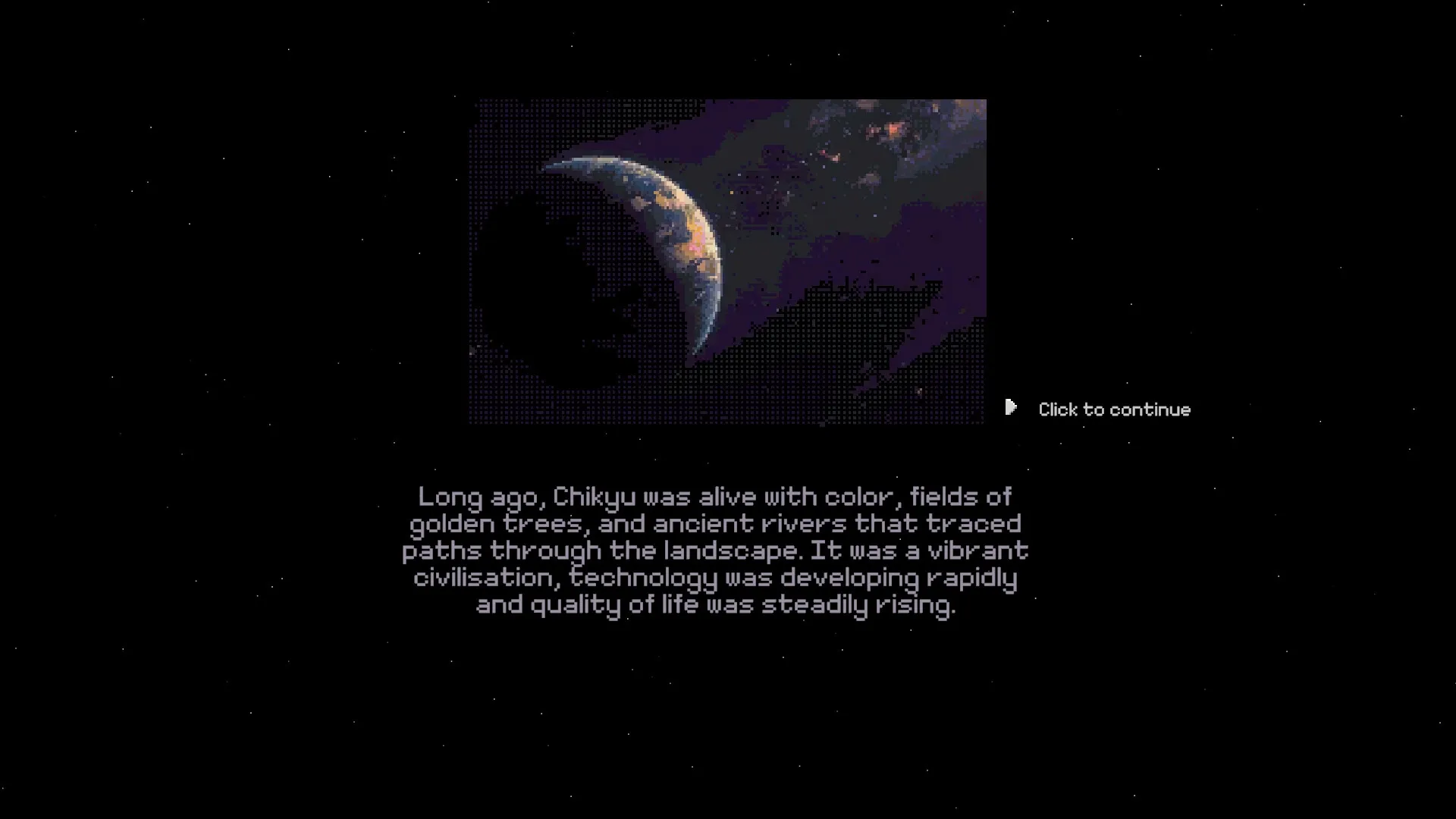 Vespia: Intro screen with narrative text and image of a planet in space, with a "Click to continue" prompt.