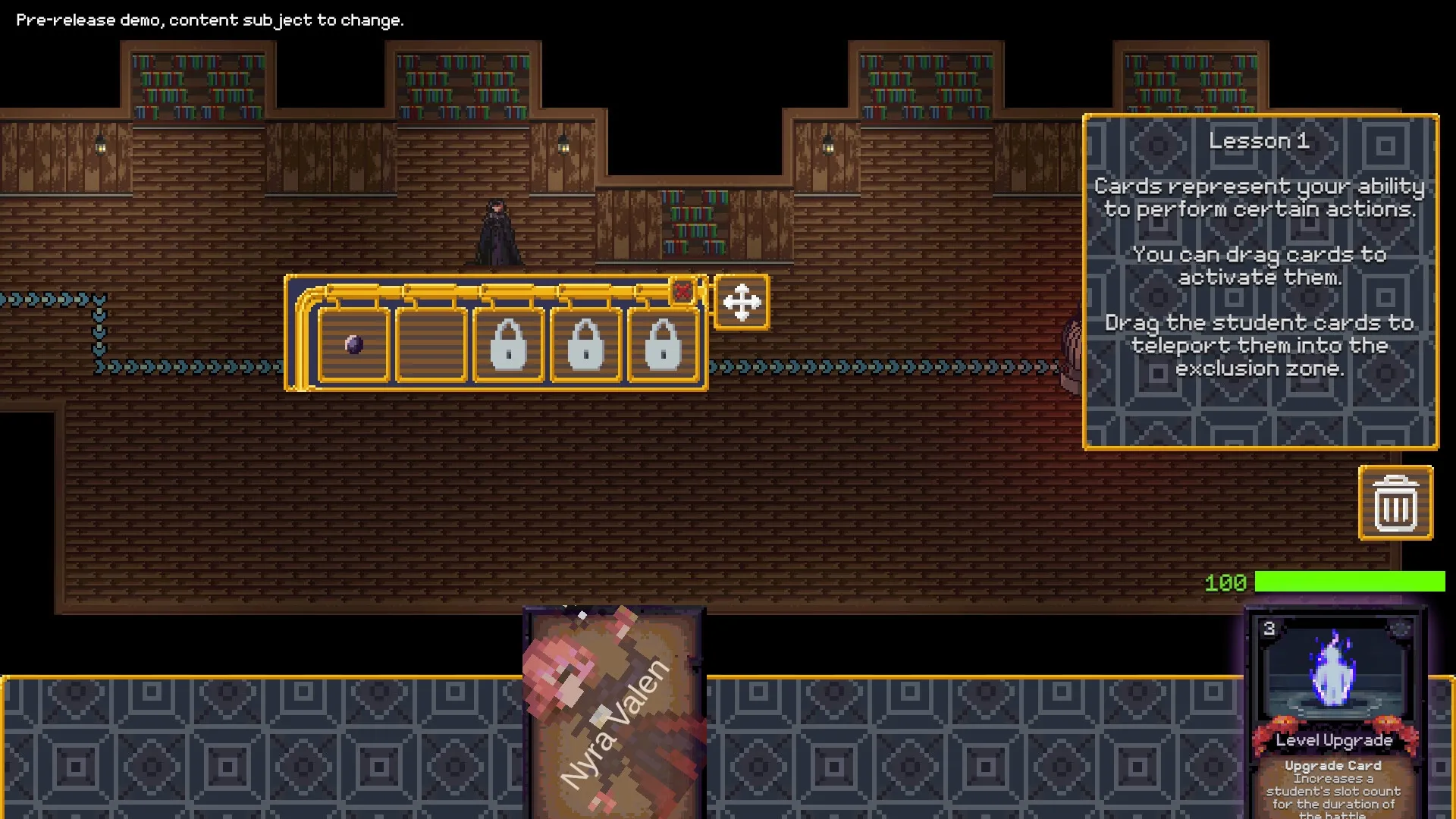 Vespia: Card selection interface in a dim library with tutorial instructions and a cloaked figure.