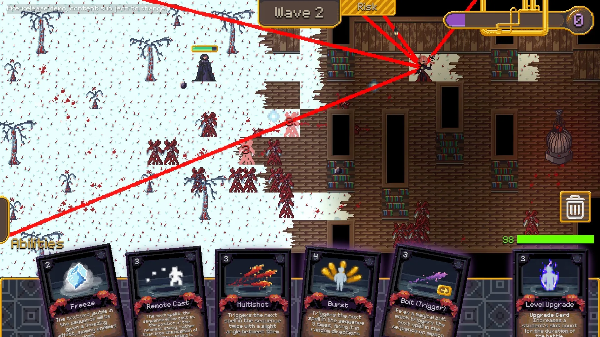 Vespia: Player using cards against enemies in snowy landscape with health bar and ability icons visible