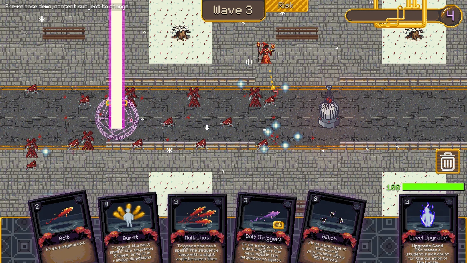 Vespia: Wave 3 tower defense battle with spell cards, enemies advancing on stone path, energy beam.