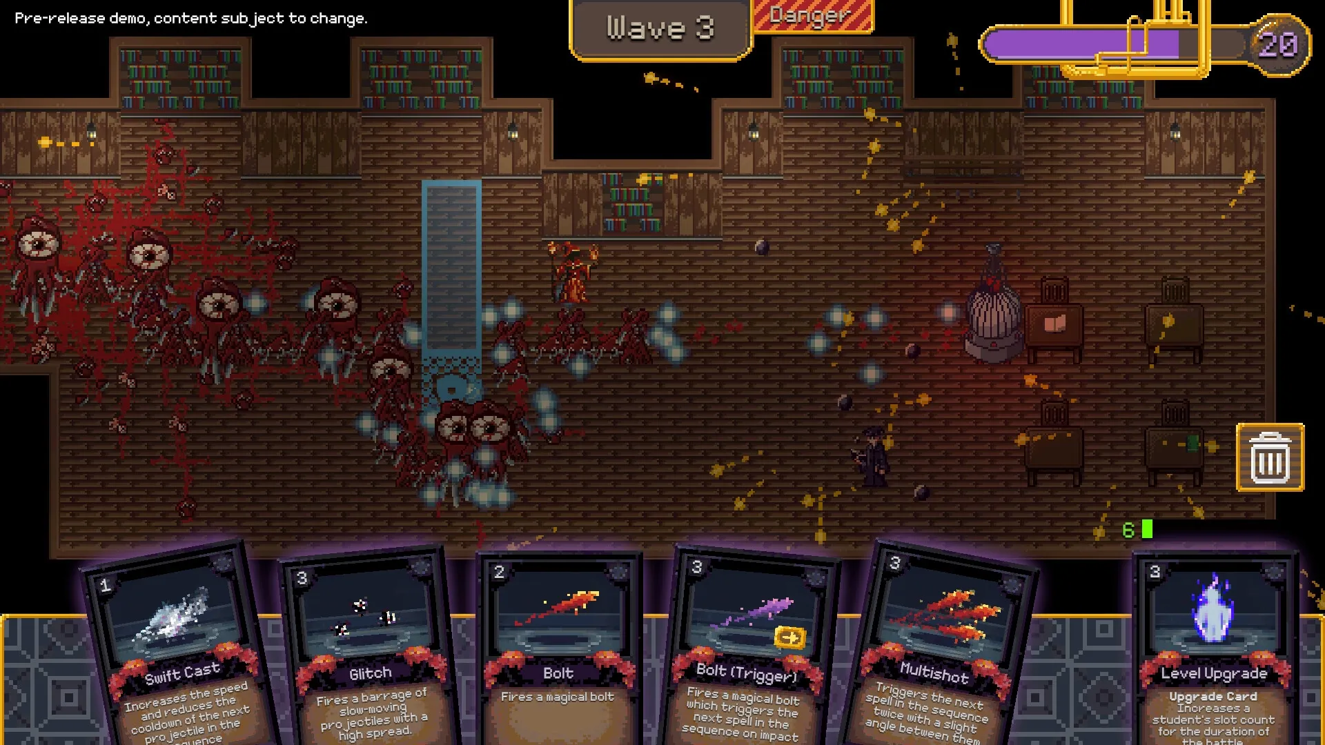 Vespia: Combat with enemies in a library setting, cards displayed below for strategic gameplay choices