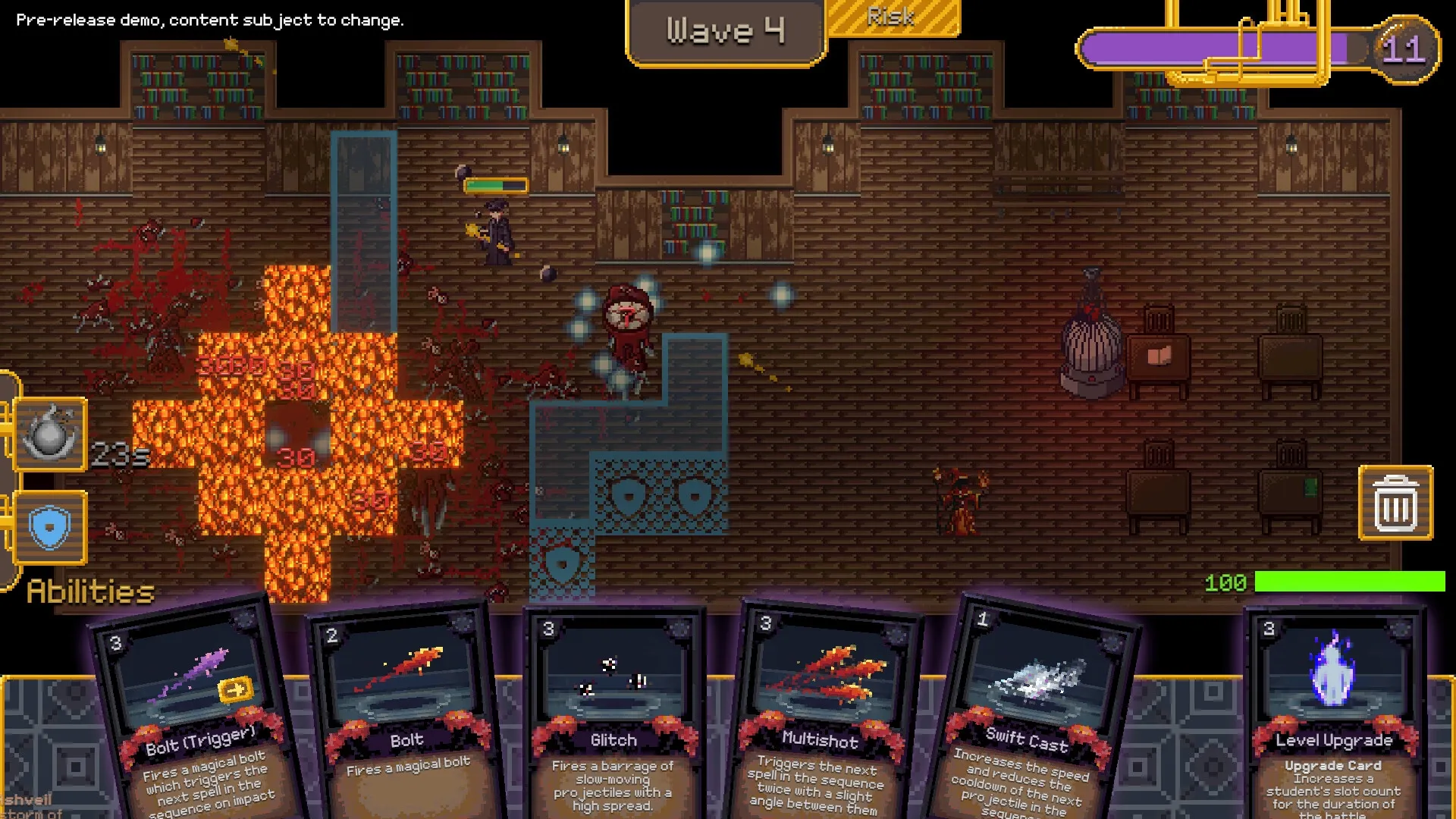 Vespia: Player battles enemies with strategic cards on a library floor during wave 4 of tower defense.