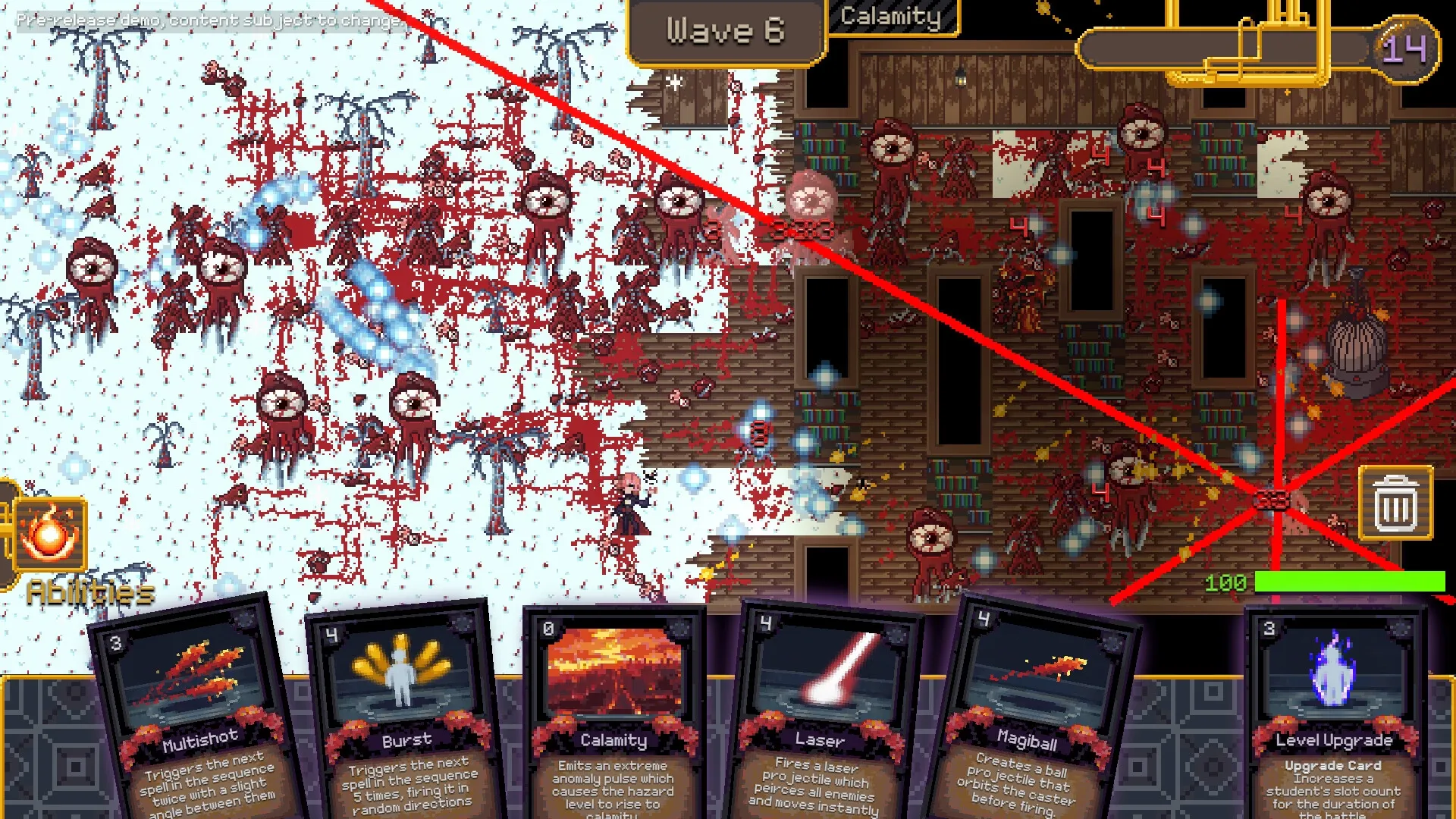 Vespia: Wave 6 battle with enemies in snowy terrain, cards like Multishot and Calamity ready for use.