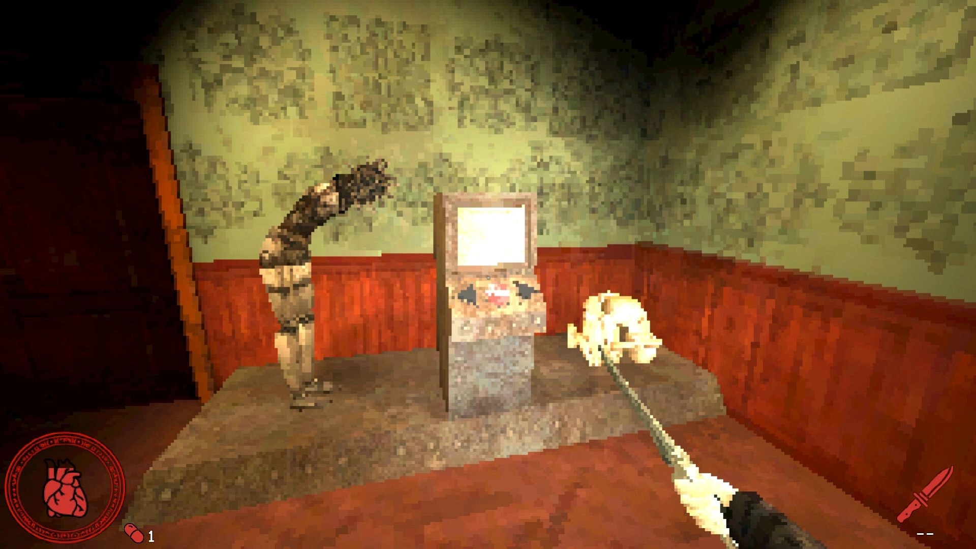 VESSELS: First-person view aiming a knife at a twisted figure by a kiosk in a dingy room.