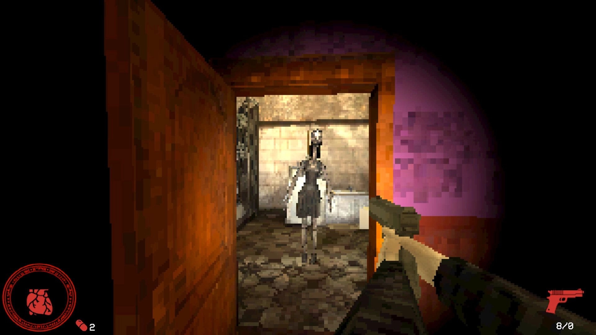 VESSELS: First-person shotgun aimed at a pale enemy in a dim mansion bathroom, HUD shows 8/0 ammo.