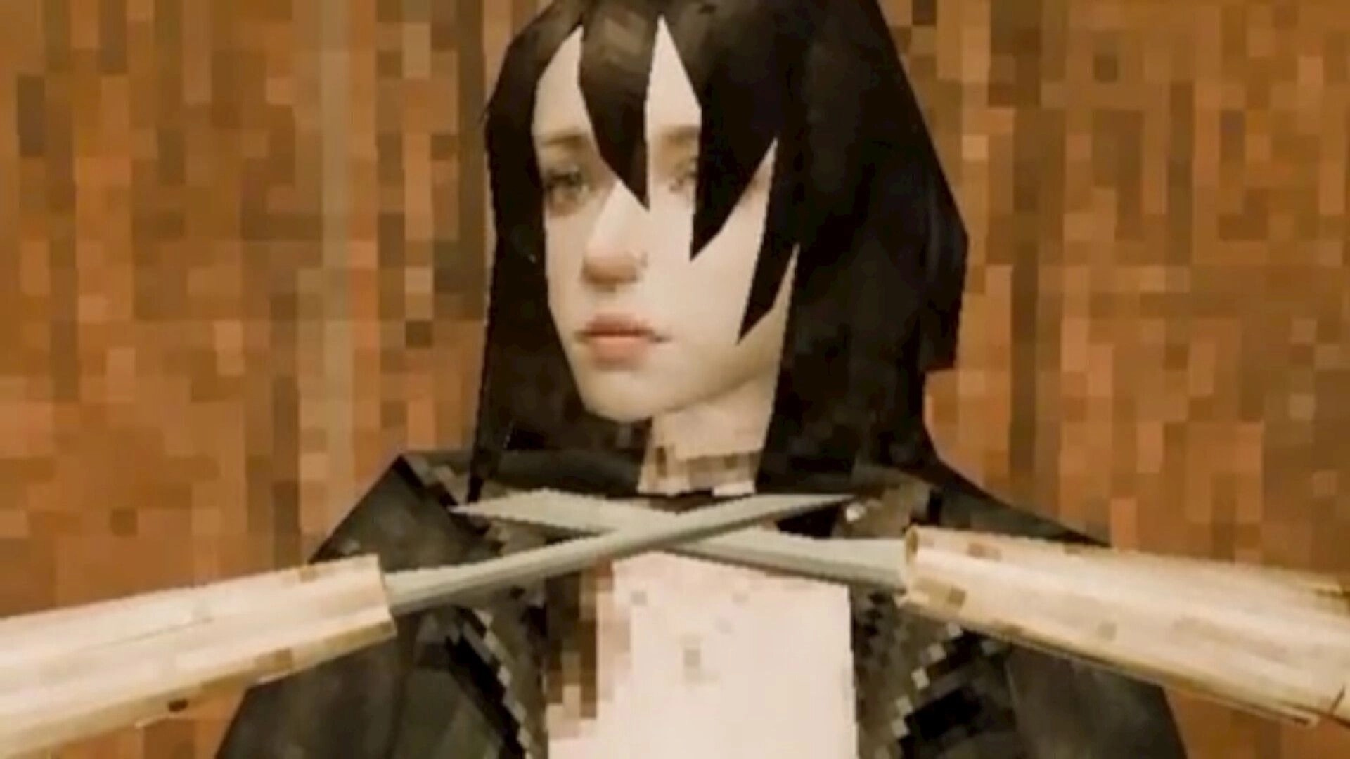 VESSELS: Close-up of a dark-haired woman with crossed blades at her neck against a pixelated wall.