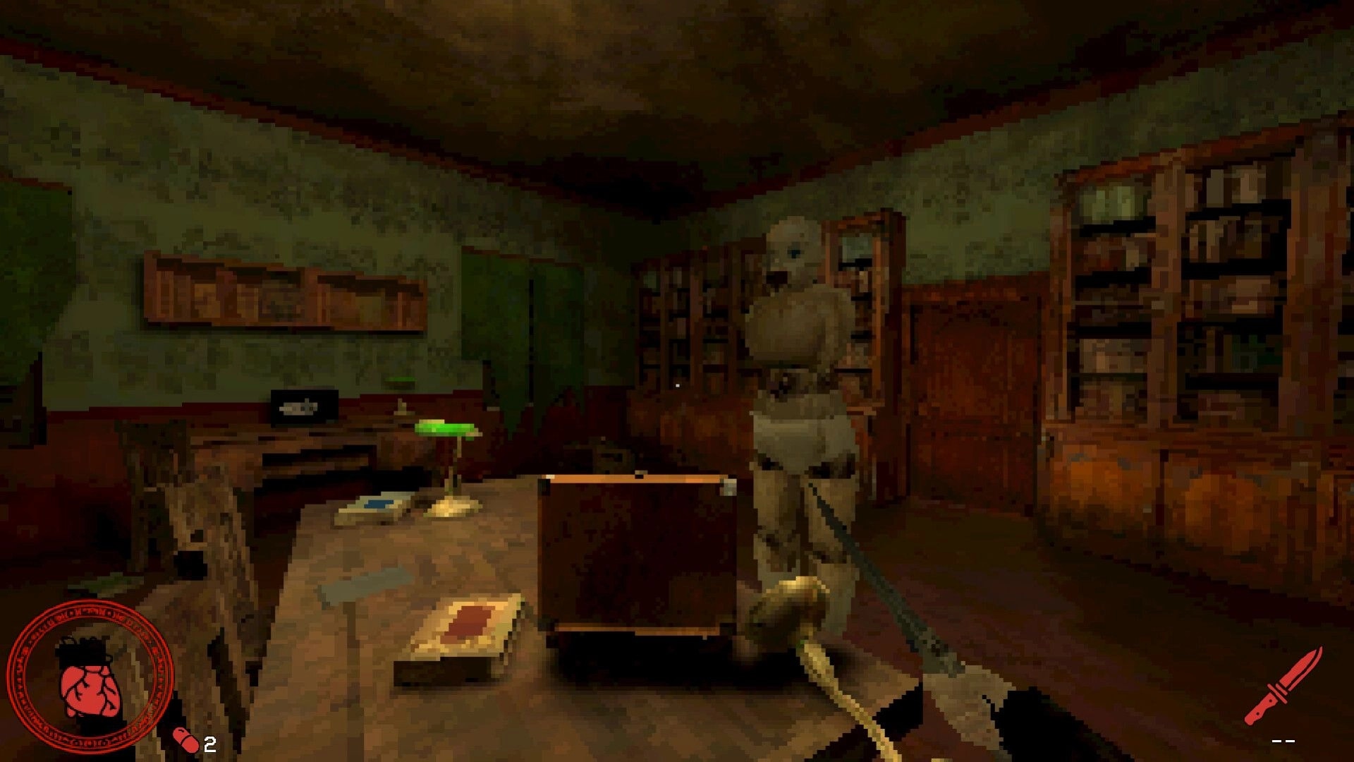 VESSELS: First-person view aiming a knife at a mannequin in a dusty study with shelves and desk UI.