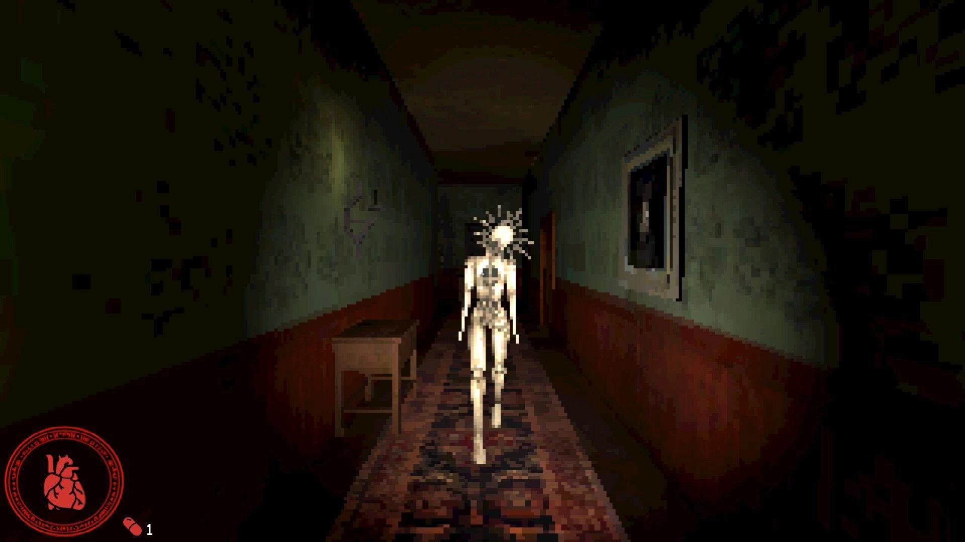 VESSELS: Pale mannequin-like enemy advances down a dim mansion hallway, red heart HUD at bottom left.