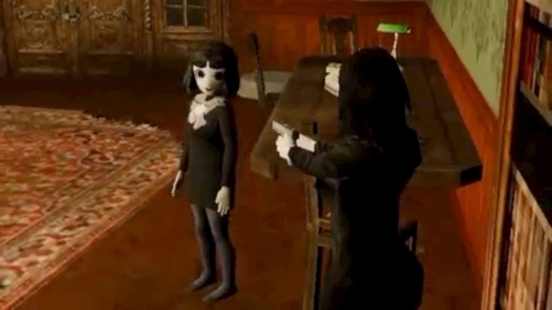 VESSELS: Girl in black dress faces a cloaked figure aiming a pistol in a wood-paneled room.