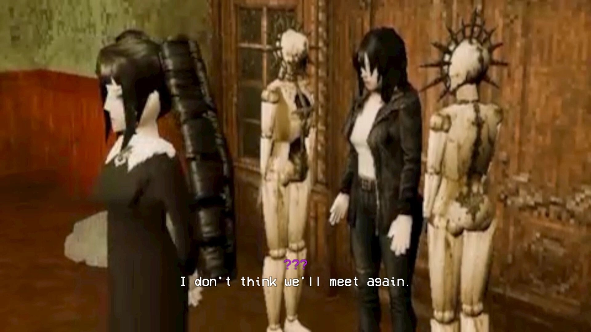 VESSELS: Dialogue scene with two women by wooden mannequins in a dim mansion room, subtitle text.