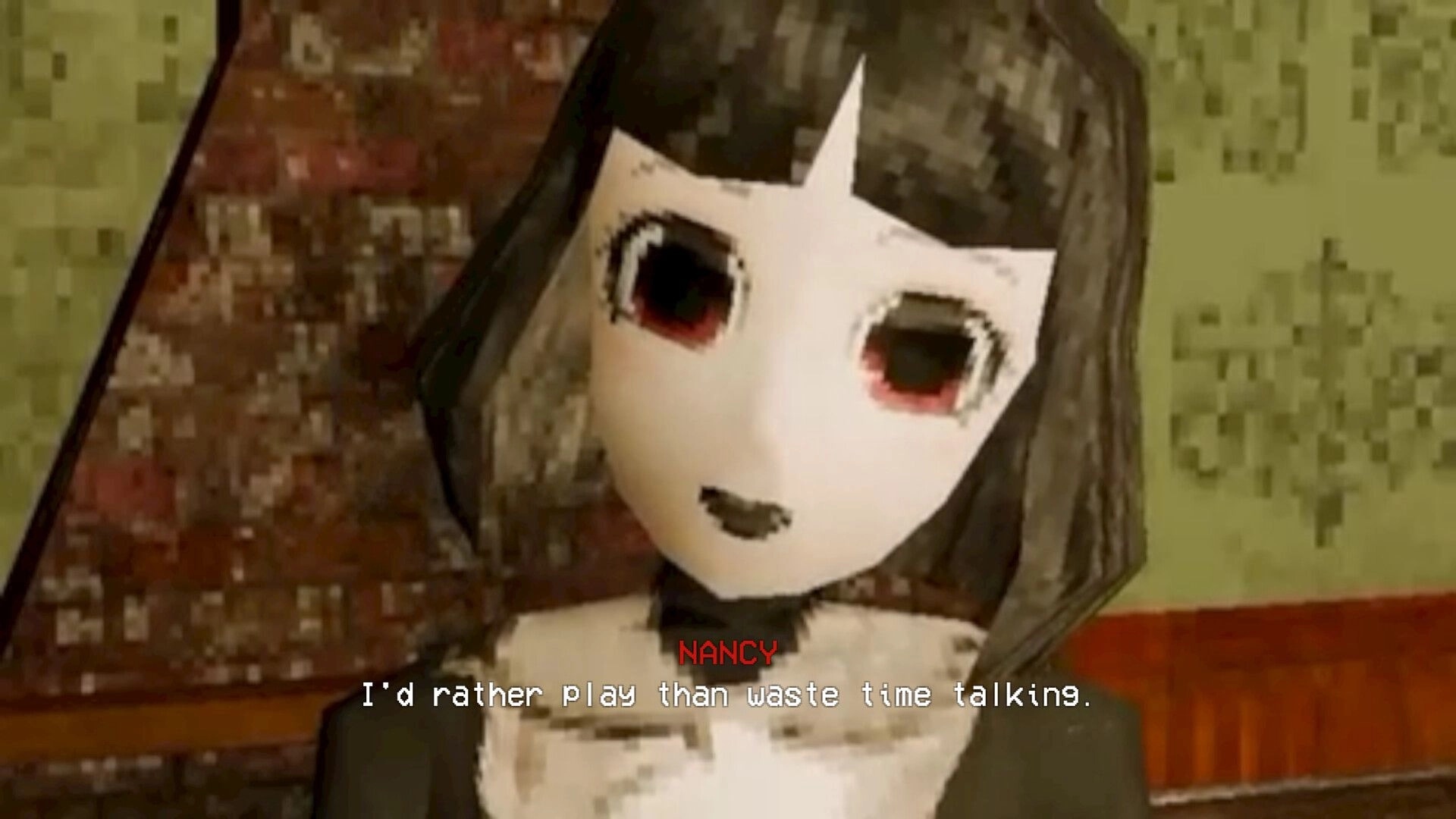 VESSELS: Dialogue close-up of Nancy with red eyes and subtitles in a pixelated mansion room.