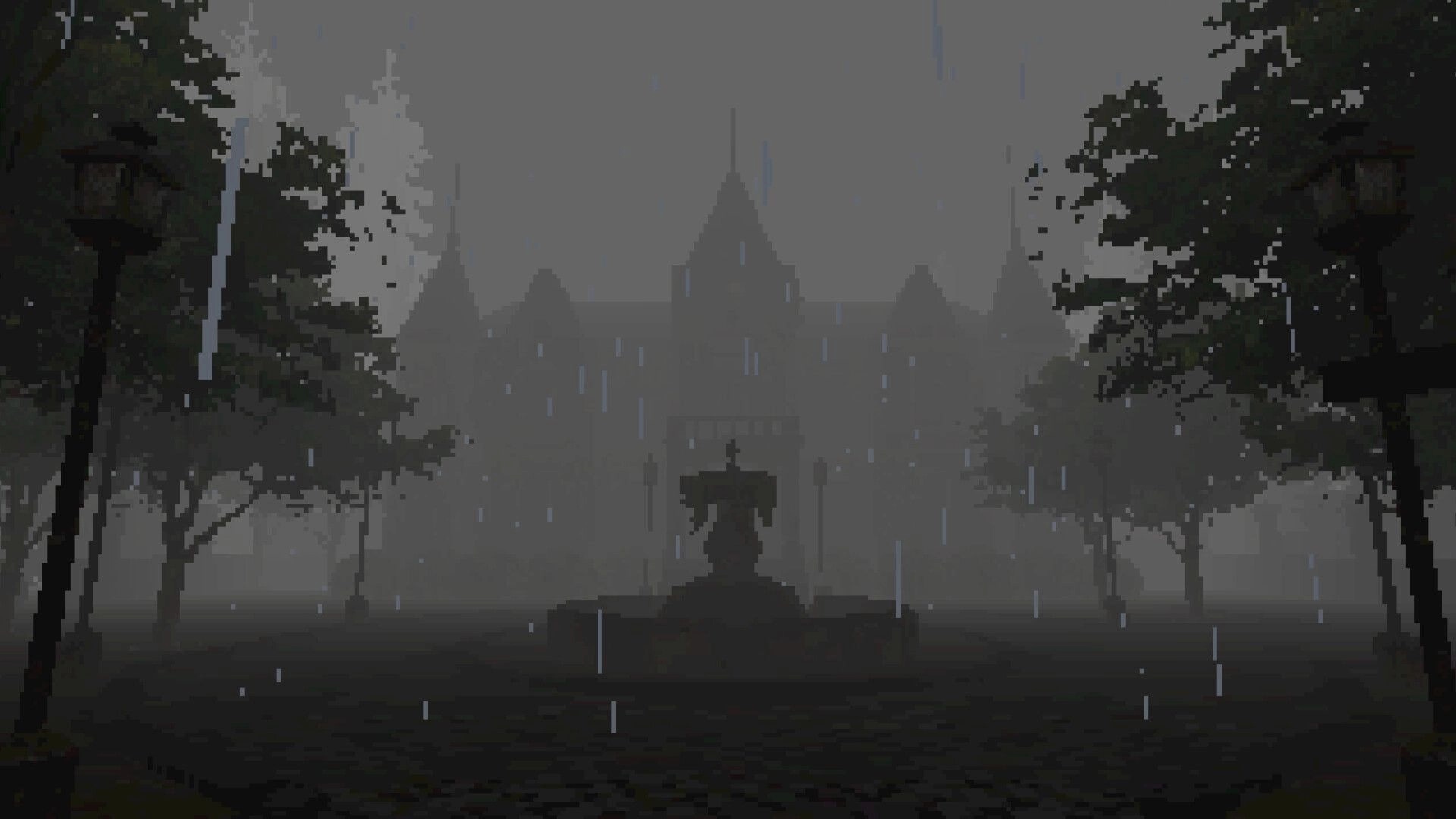 VESSELS: Rain falls on a foggy mansion courtyard with trees and a central statue silhouette ahead.
