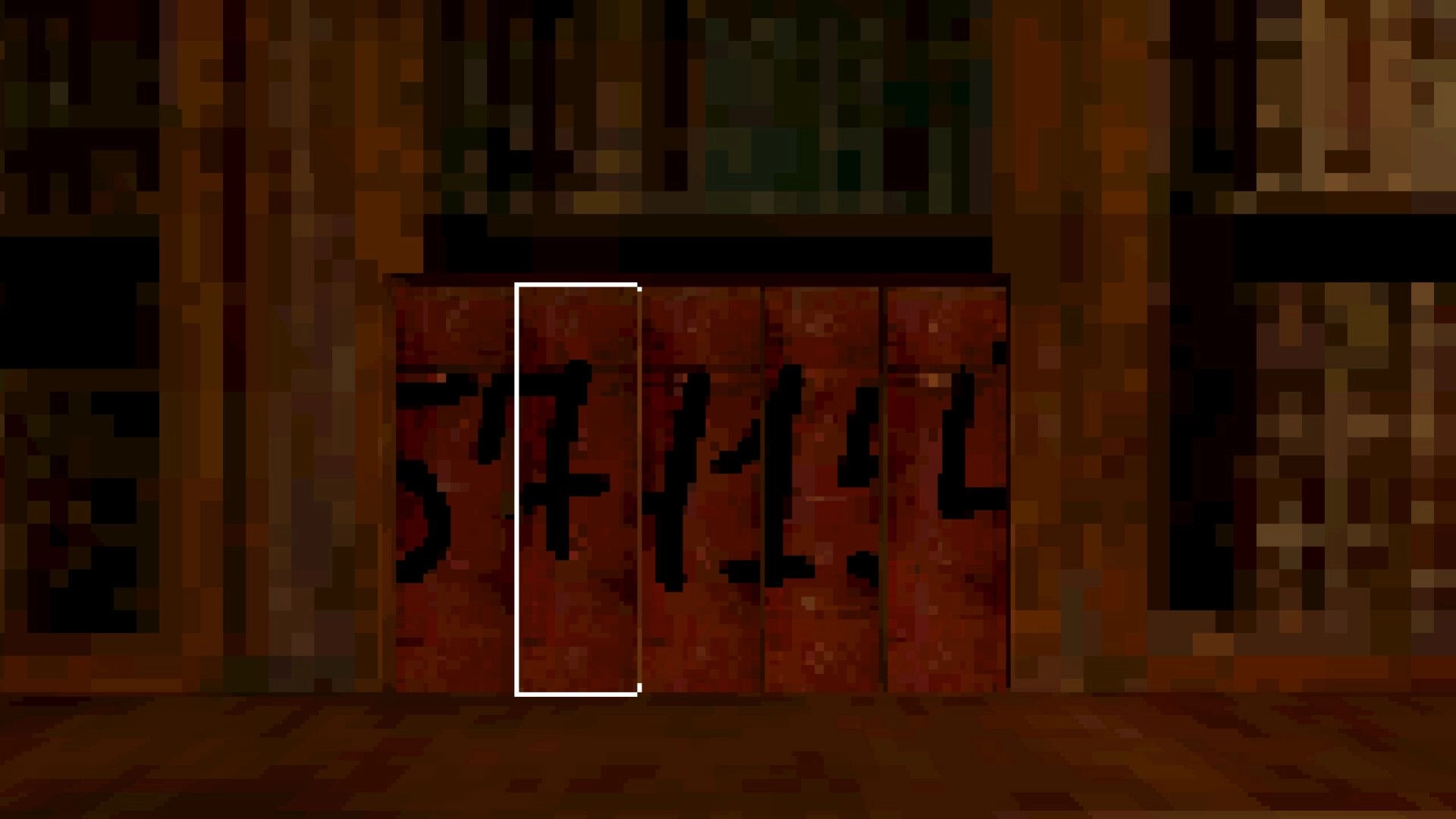 VESSELS: White selection cursor highlights a blood-smeared "SHELL" sign on mansion wall paneling.