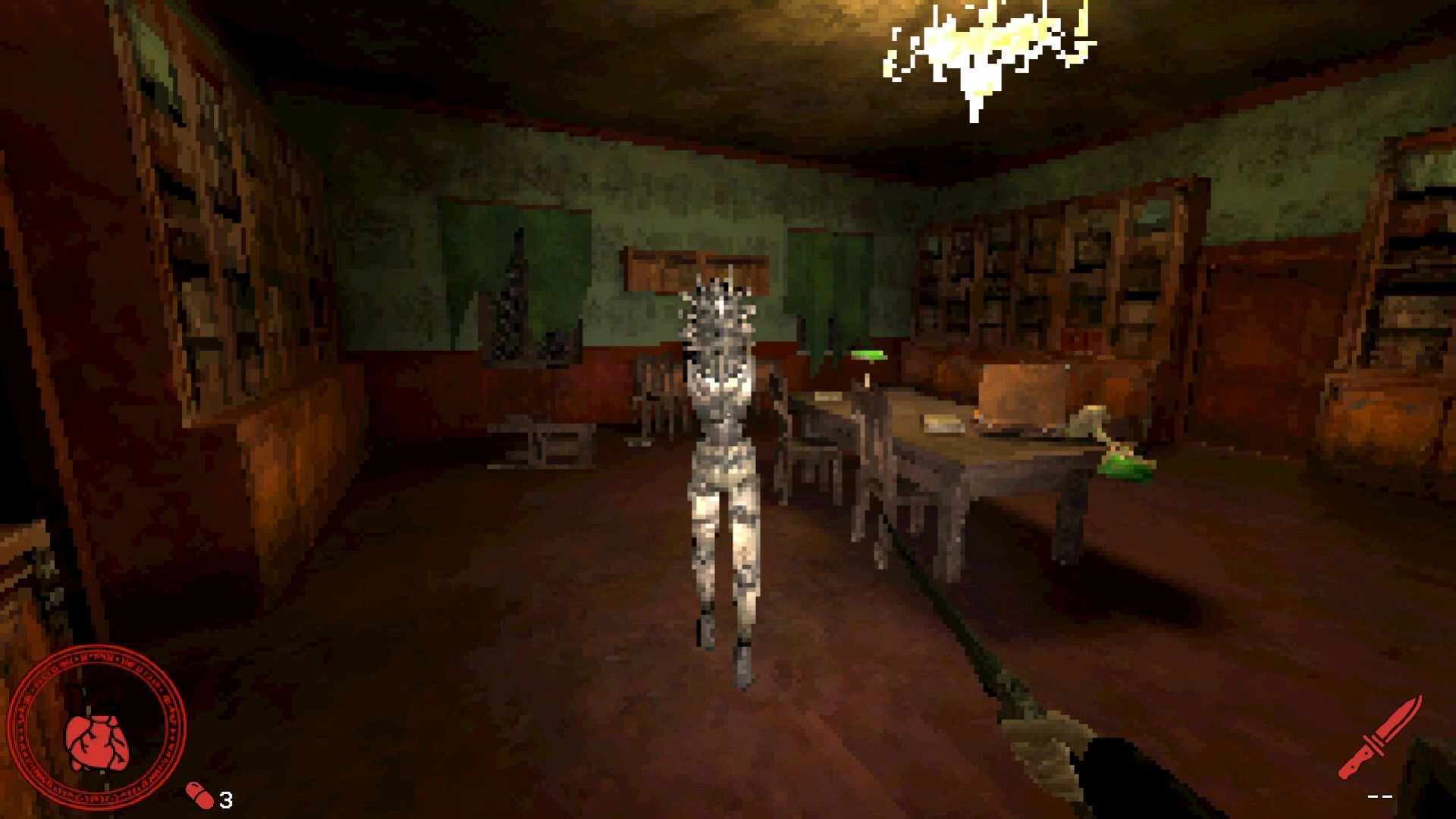VESSELS: First-person view aiming a knife at a mannequin in a dusty mansion dining room with HUD.