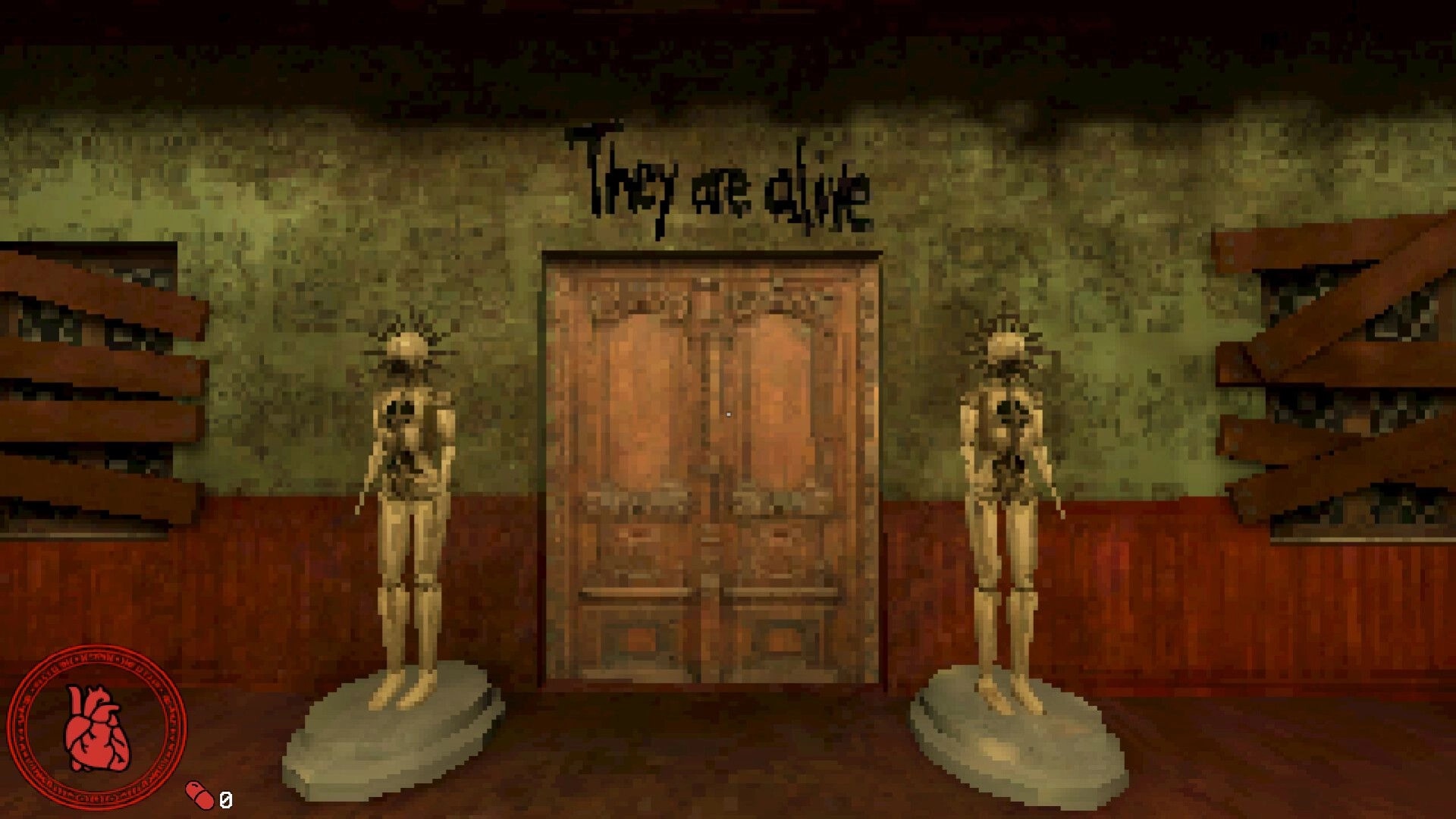 VESSELS: Double doors under “They are alive” graffiti, flanked by mannequins in a boarded hallway.
