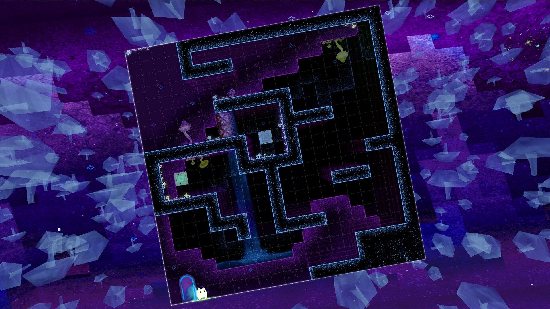 Vextorial: Pilo navigating a maze-like puzzle with glowing paths in a crystalline cavern environment