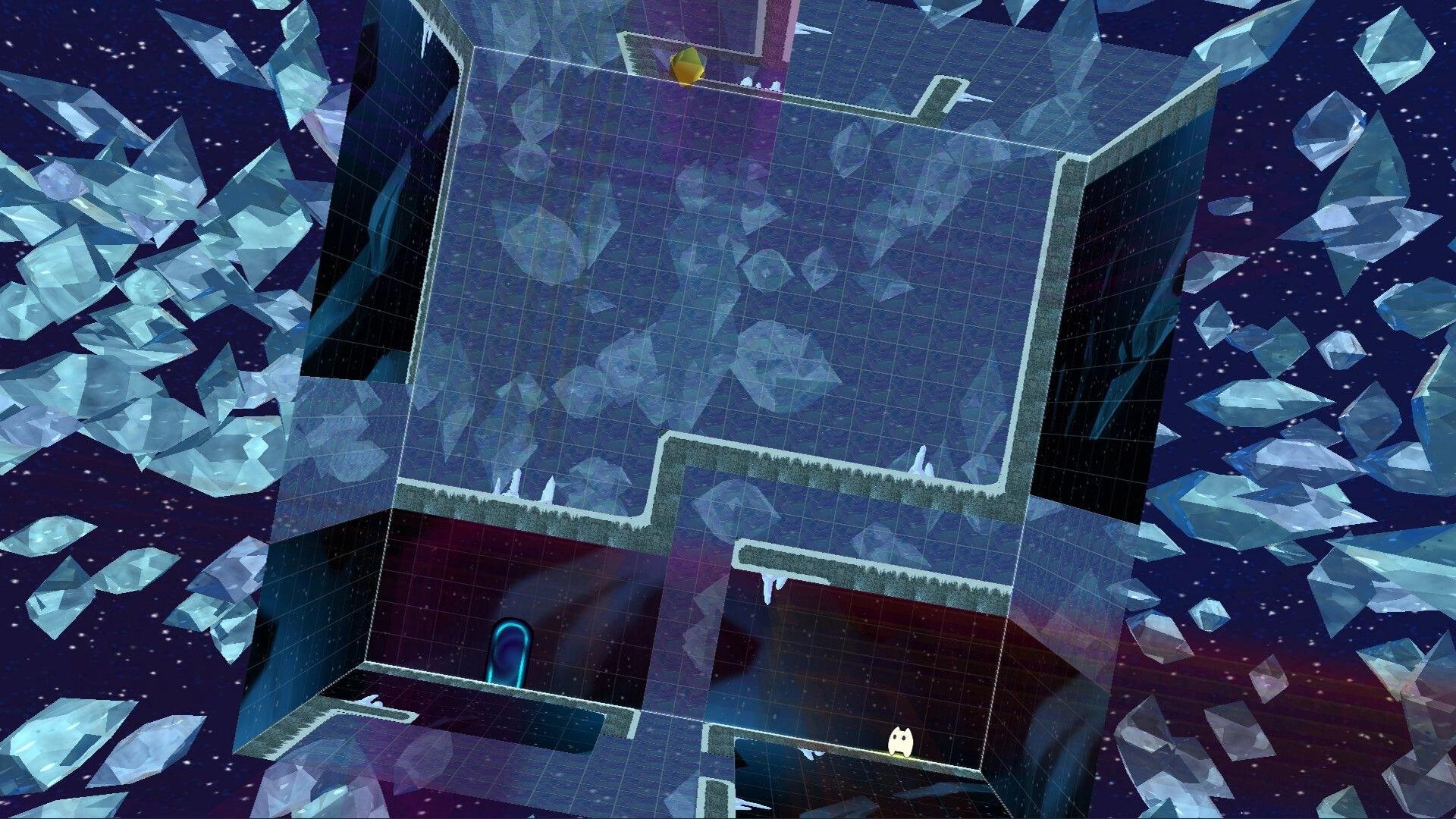 Vextorial: Pilo navigates a gravity-defying cube with icy shards in a starry ancient ruin environment