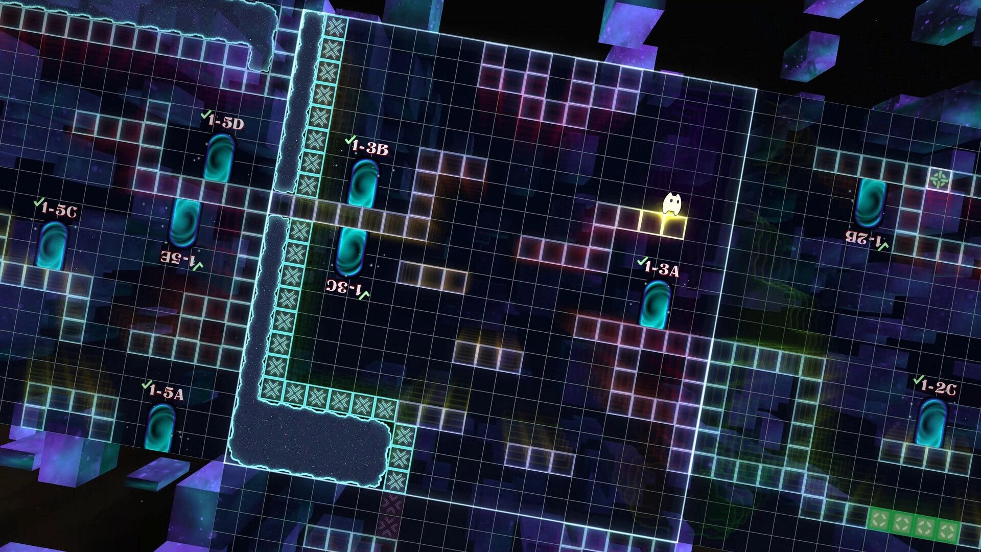 Vextorial: Pilo navigates a grid-based puzzle with portals in a glowing, futuristic 3D ancient ruin