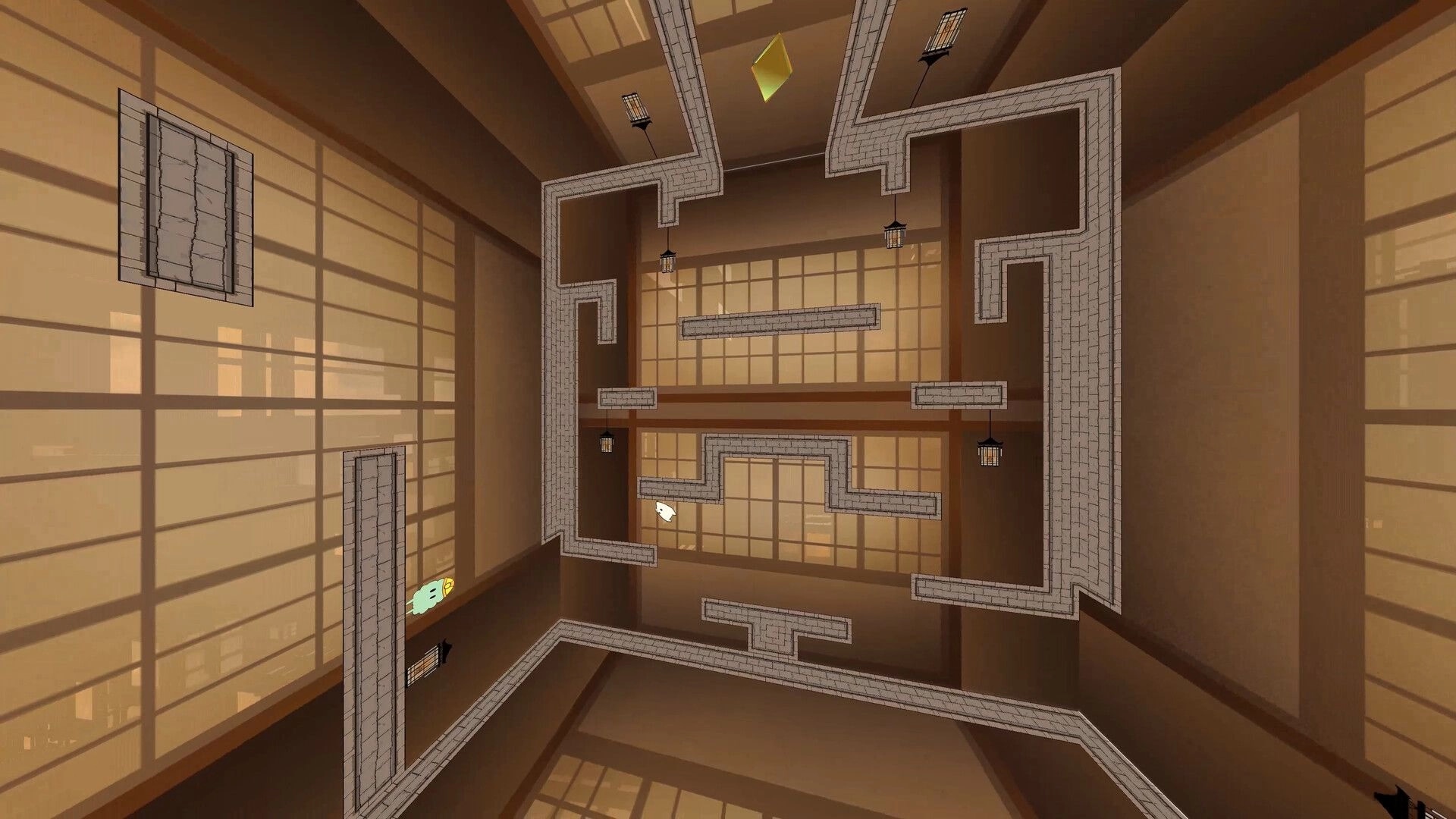 Vextorial: Pilo navigating a complex maze in a 3D ancient ruin with gravity-defying paths and obstacles.