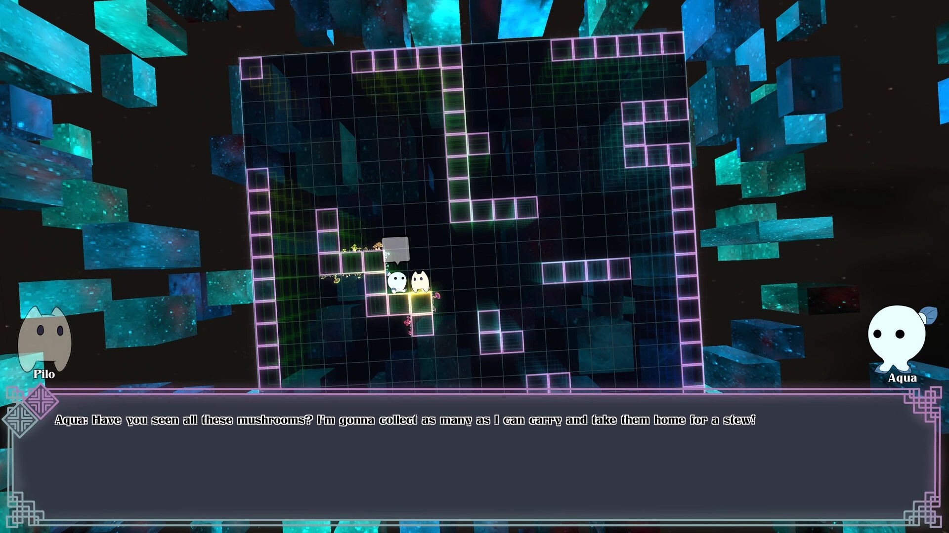 Vextorial: Pilo converses with Aqua in a neon grid puzzle area surrounded by floating blue blocks.