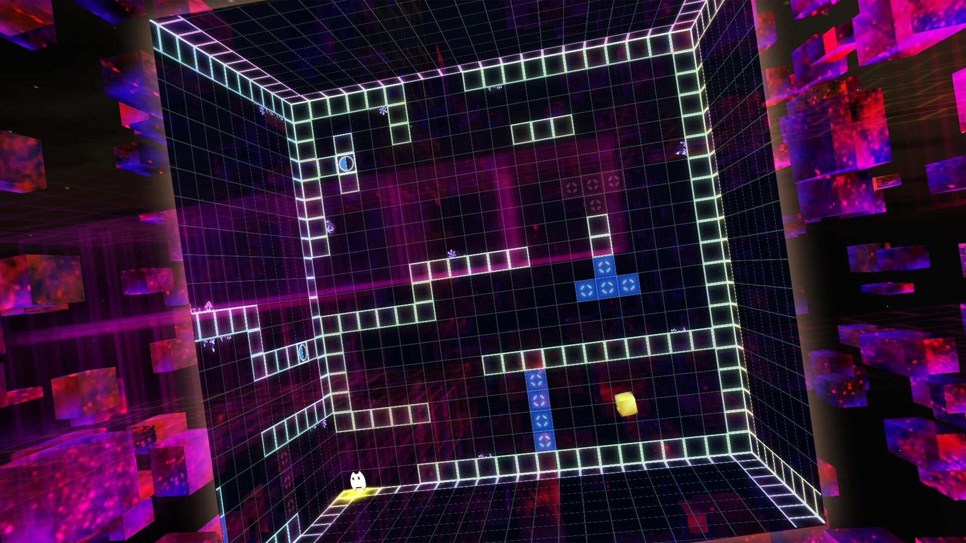 Vextorial: Pilo navigates a neon-lit 3D puzzle room with grid walls and floating blocks in ancient ruins.