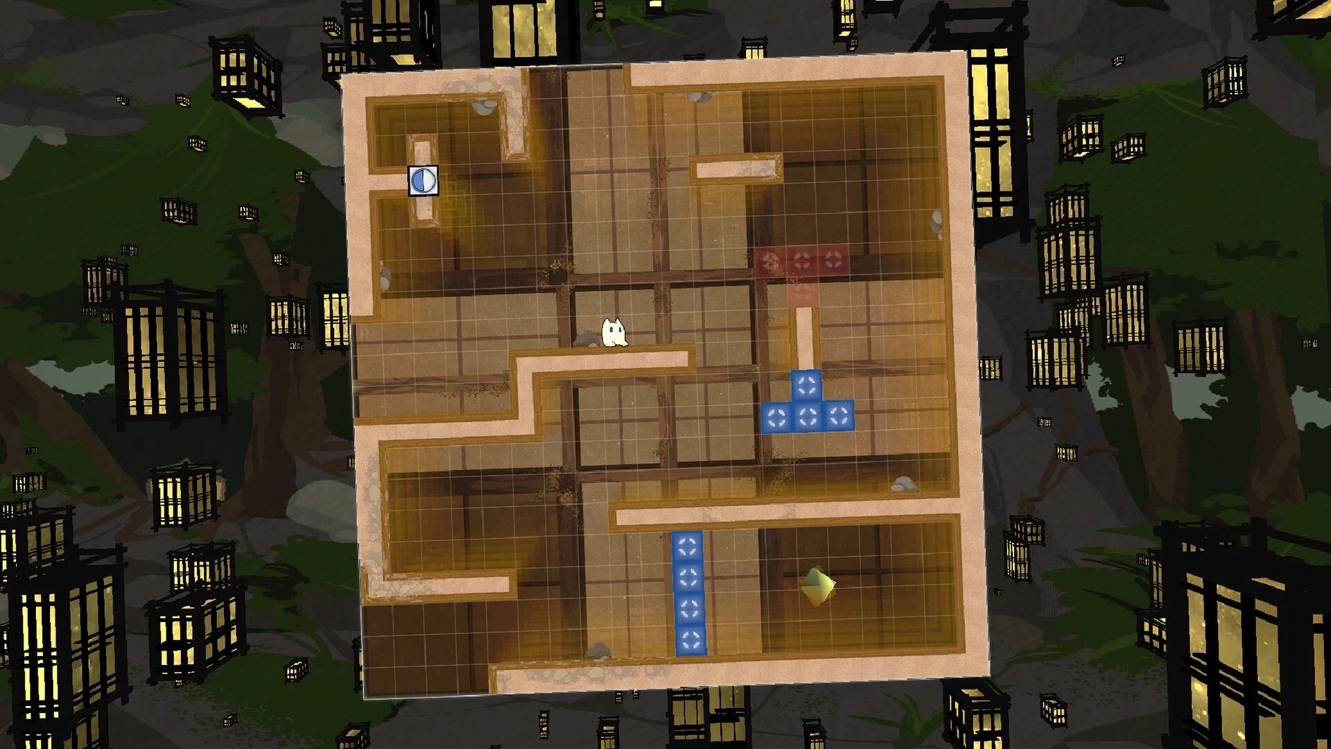 Vextorial: Pilo navigates a wooden grid maze with blue blocks and lanterns in a lush forest environment