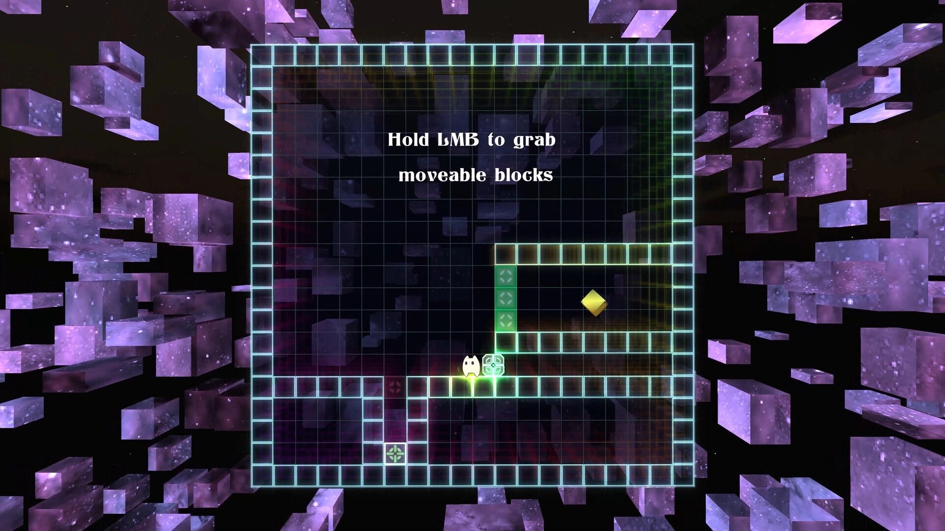 Vextorial: Pilo shifts blocks in a grid puzzle with floating purple cubes in a cosmic environment