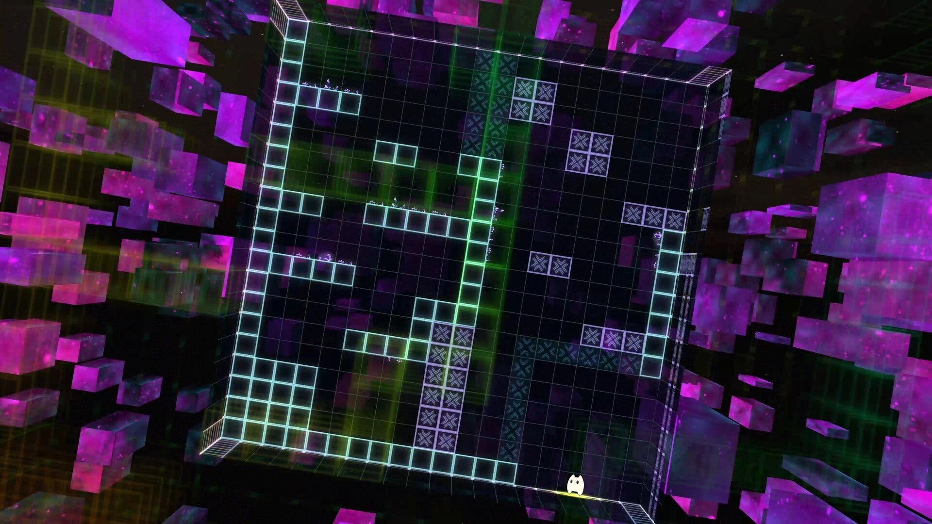 Vextorial: Pilo navigates neon-lit grid puzzle within vibrant, floating purple and green cubes in ruins.