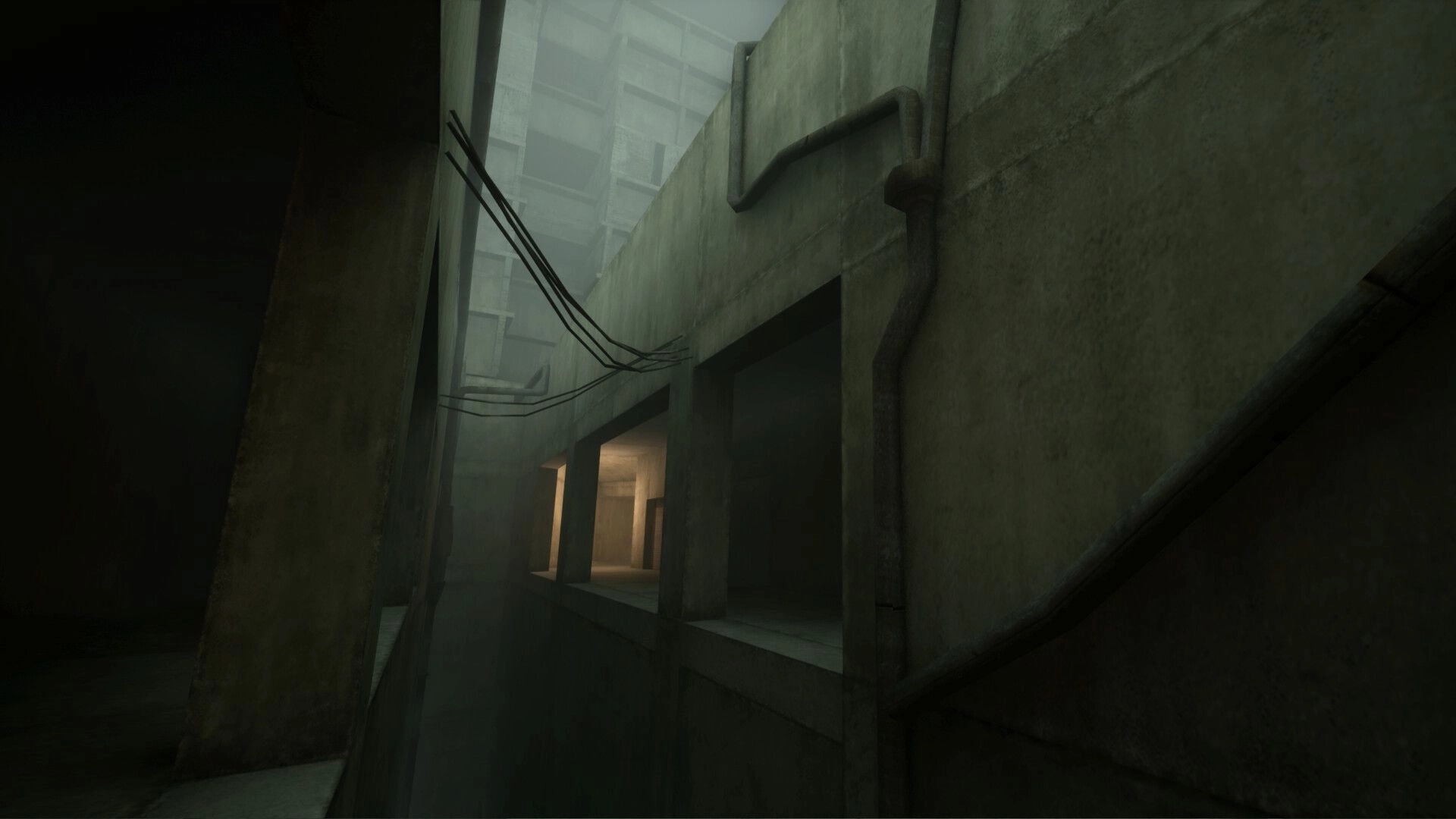 VHOLUME: Exploring narrow concrete corridors with exposed pipes in a foggy brutalist cityscape