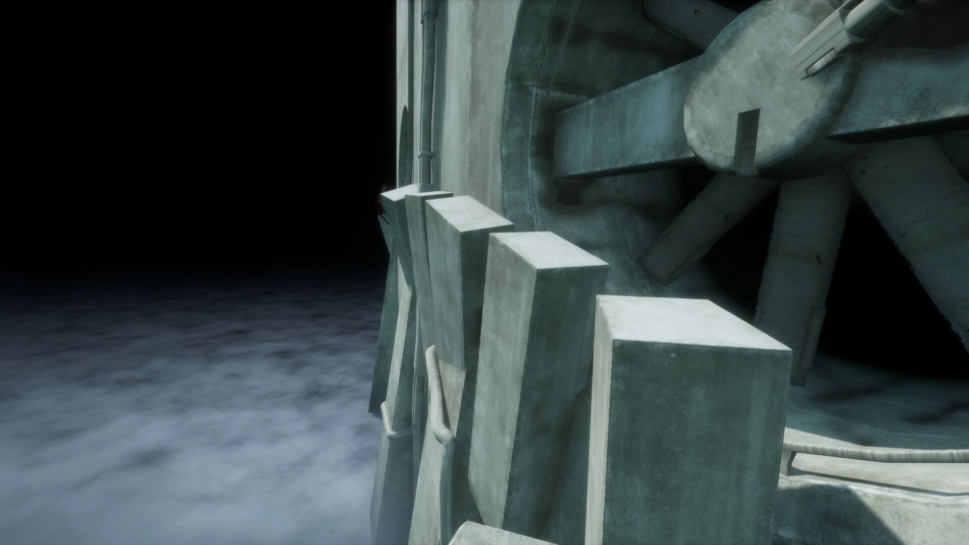 VHOLUME: Player navigates a massive brutalist gear structure above a foggy abyss in a dystopian city.