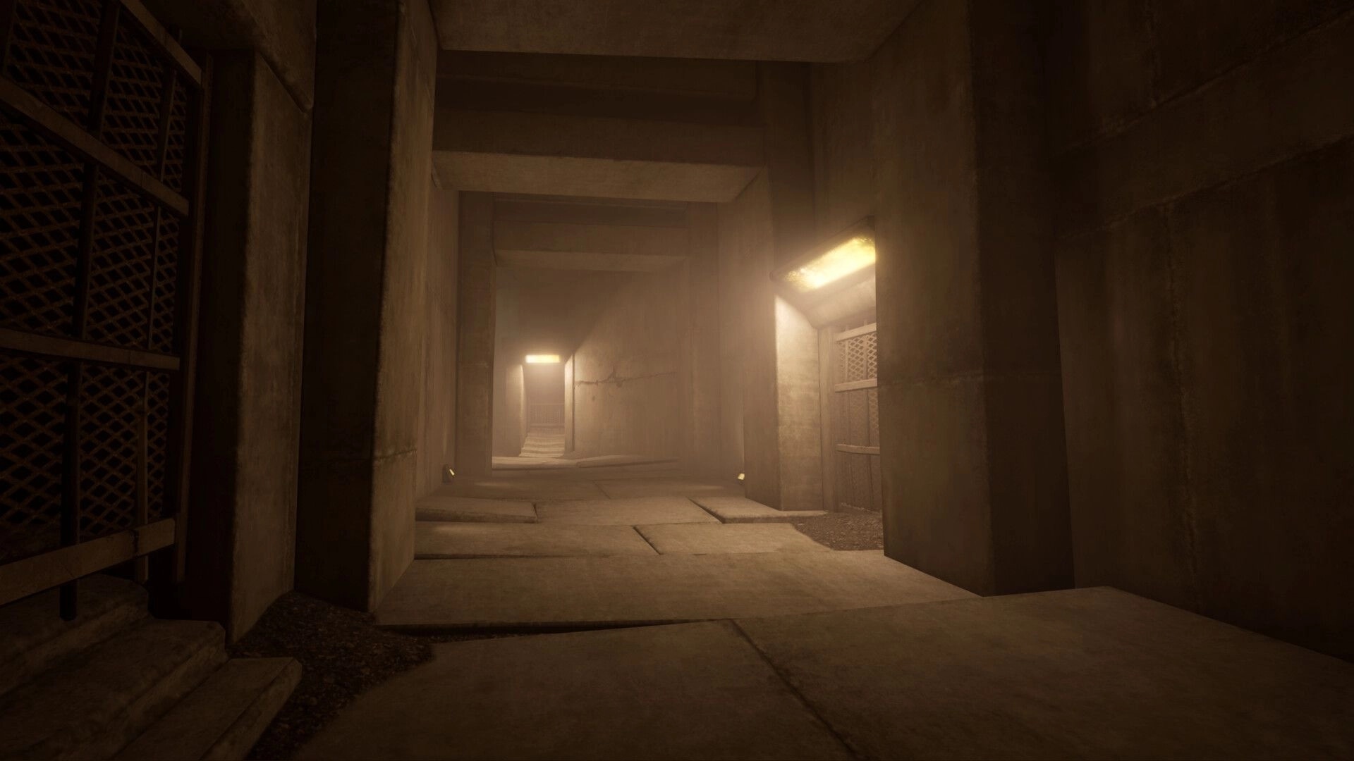 VHOLUME: Dimly lit concrete corridor in a dystopian brutalist city with glowing wall lights