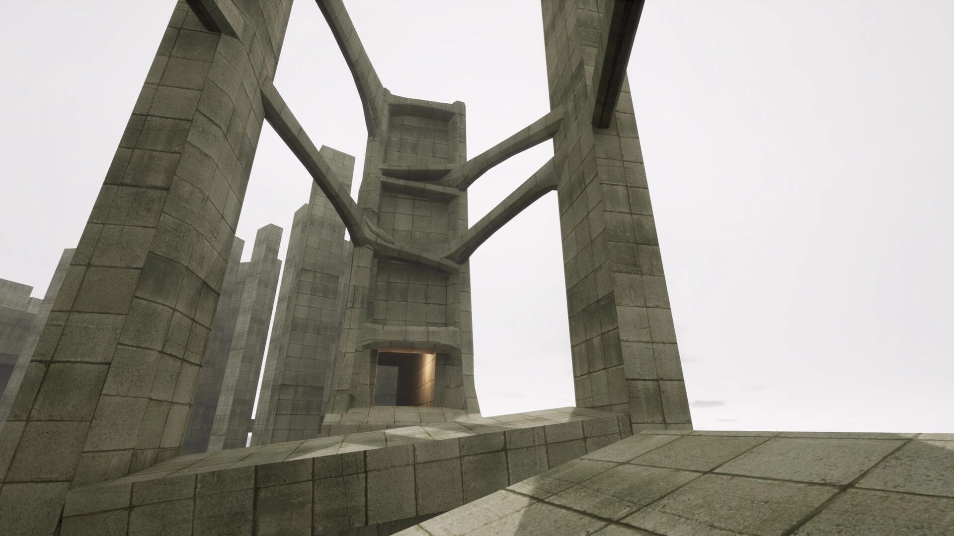 VHOLUME: Tall concrete structures form a labyrinthine environment in a dystopian brutalist cityscape.