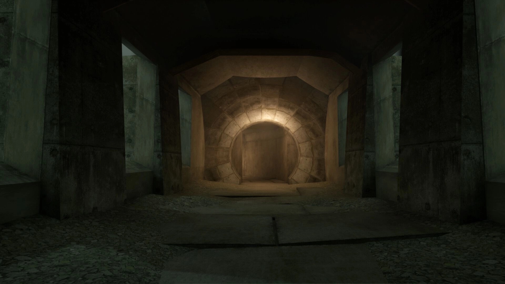 VHOLUME: Dimly lit concrete tunnel in a dystopian brutalist city environment