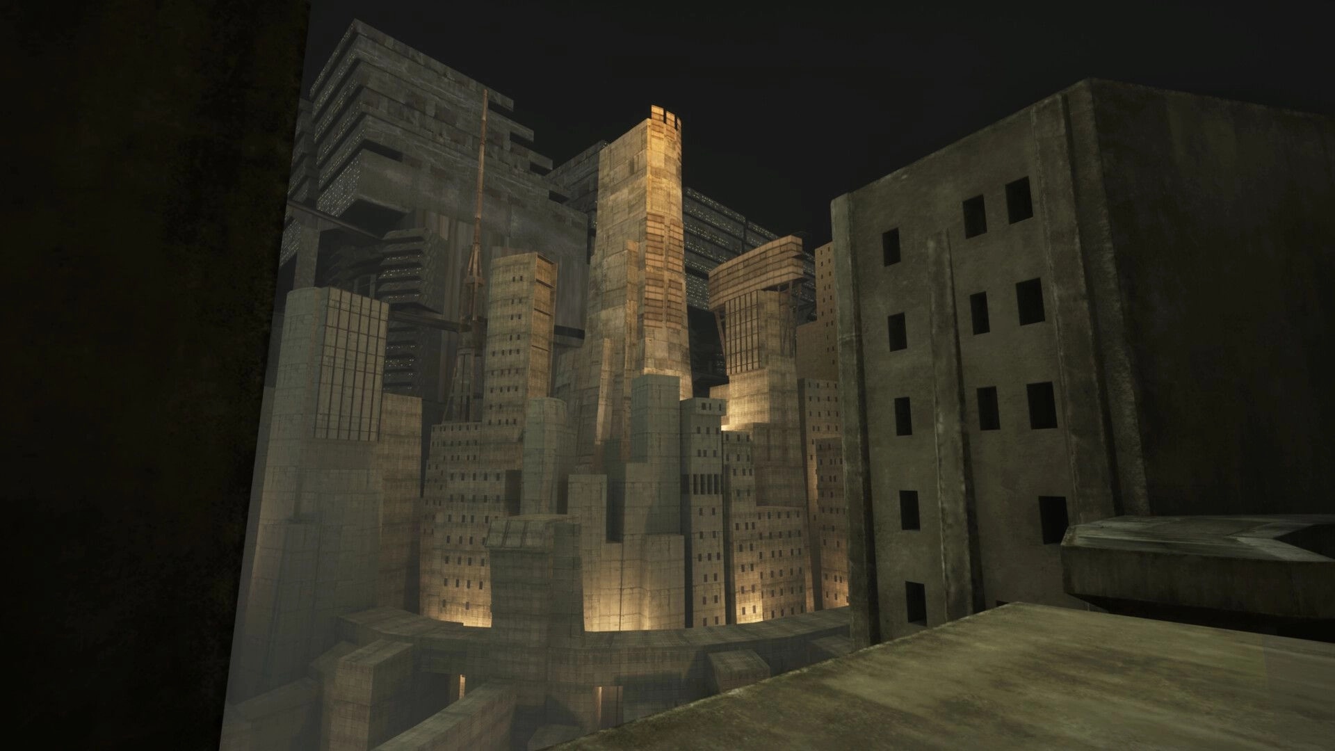 VHOLUME: View of towering brutalist buildings in a dark, dystopian cityscape setting