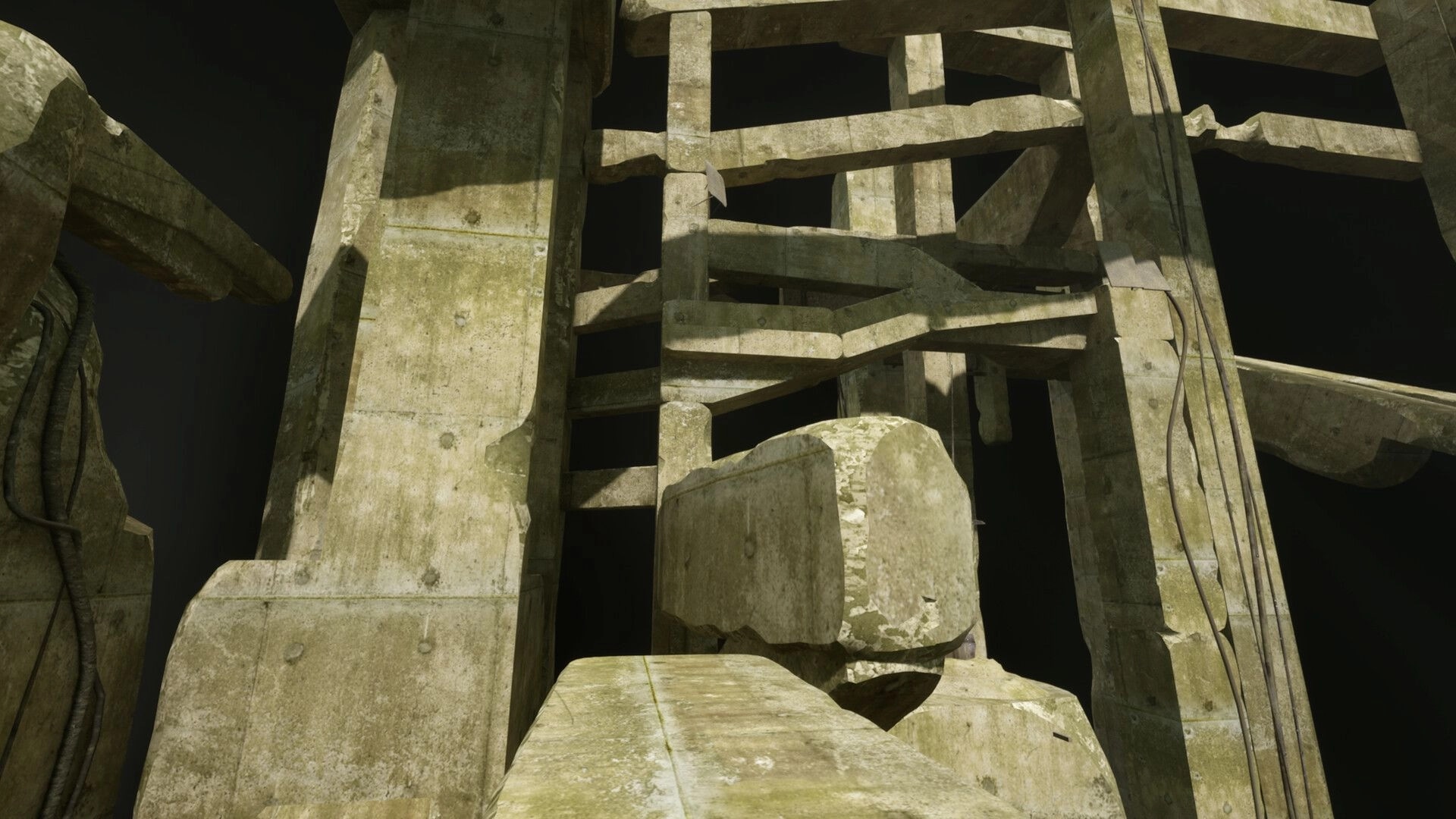 VHOLUME: Parkour path through massive brutalist structures in a dimly lit dystopian cityscape