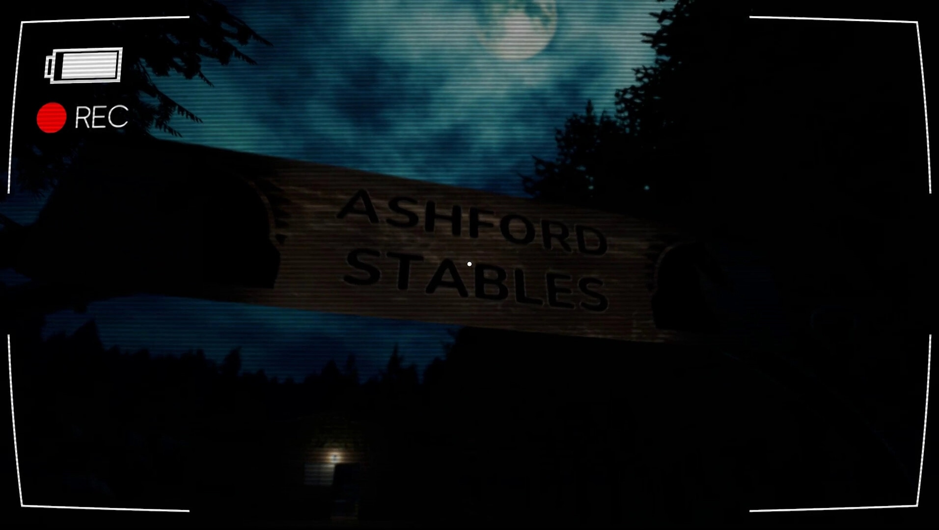 Vicious Cycle: Nighttime view of Ashford Stables sign with camera UI, moonlit sky, and dark forest.