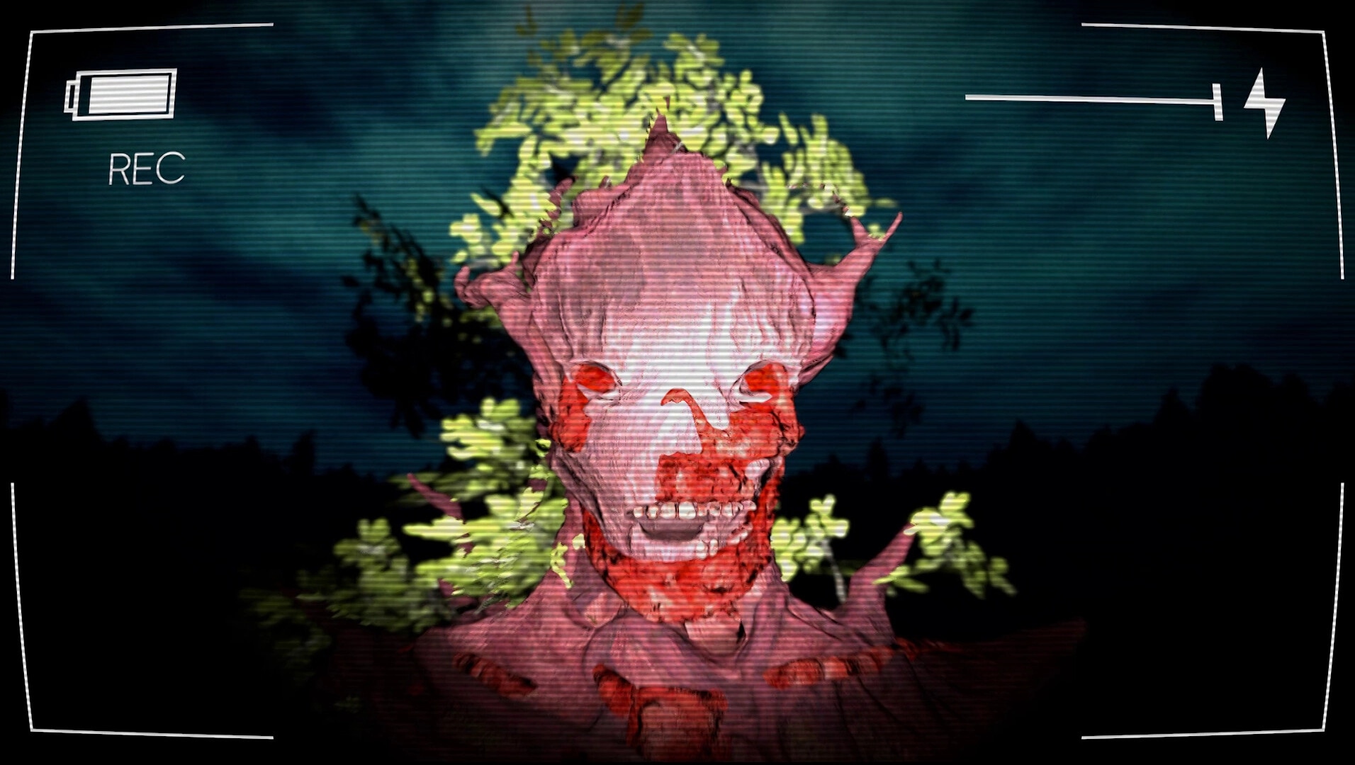 Vicious Cycle: Supernatural creature close-up with eerie red glow in dark forest, camera UI active