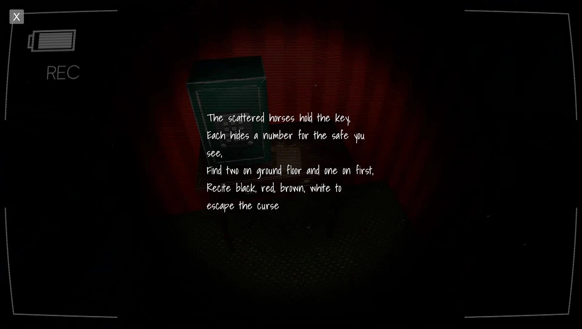 Vicious Cycle: Camera view with safe puzzle clue displayed in dimly lit room with recording interface.