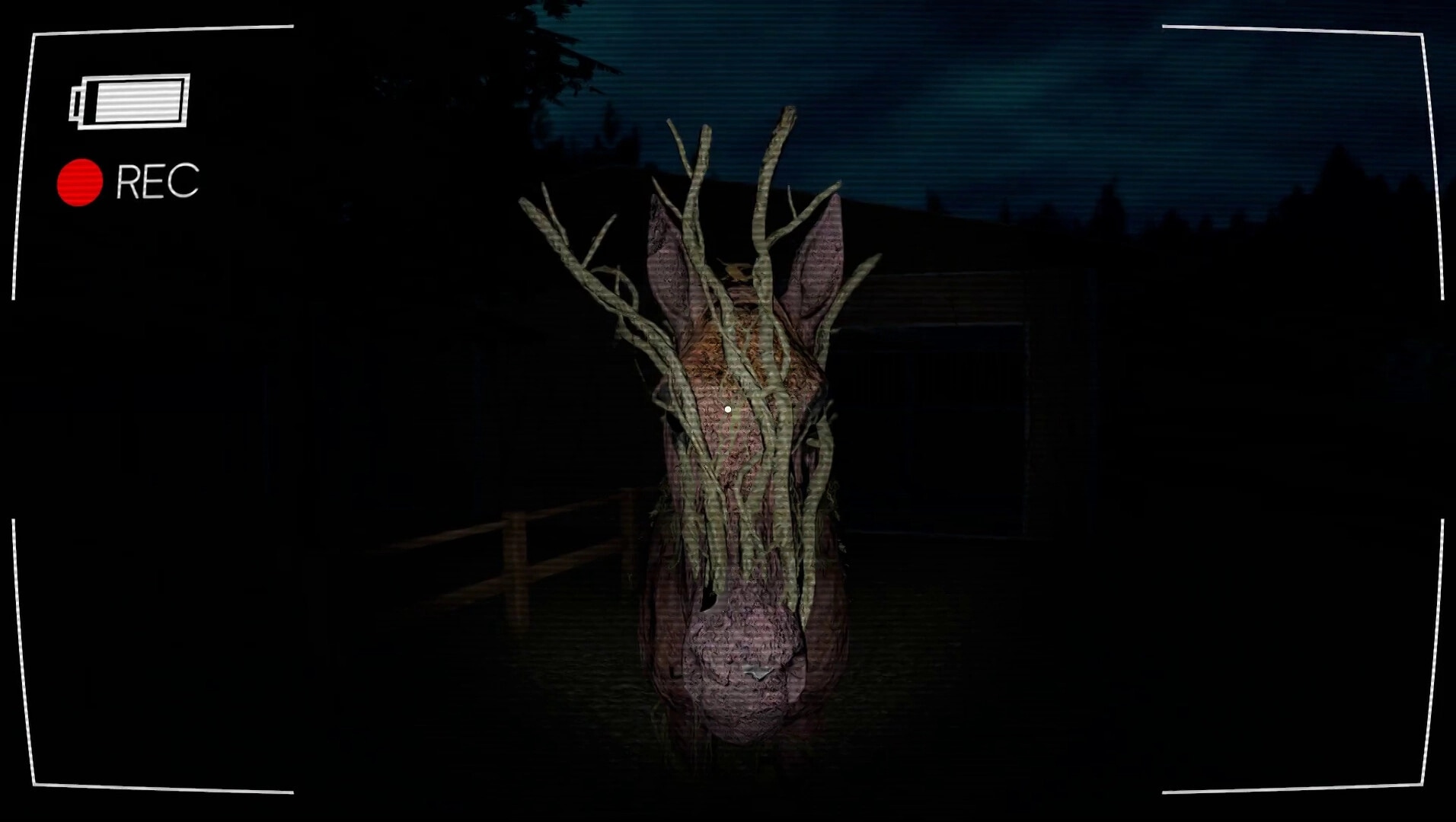 Vicious Cycle: Creepy tree monster illuminated by flashlight in dark forest with camera recording UI