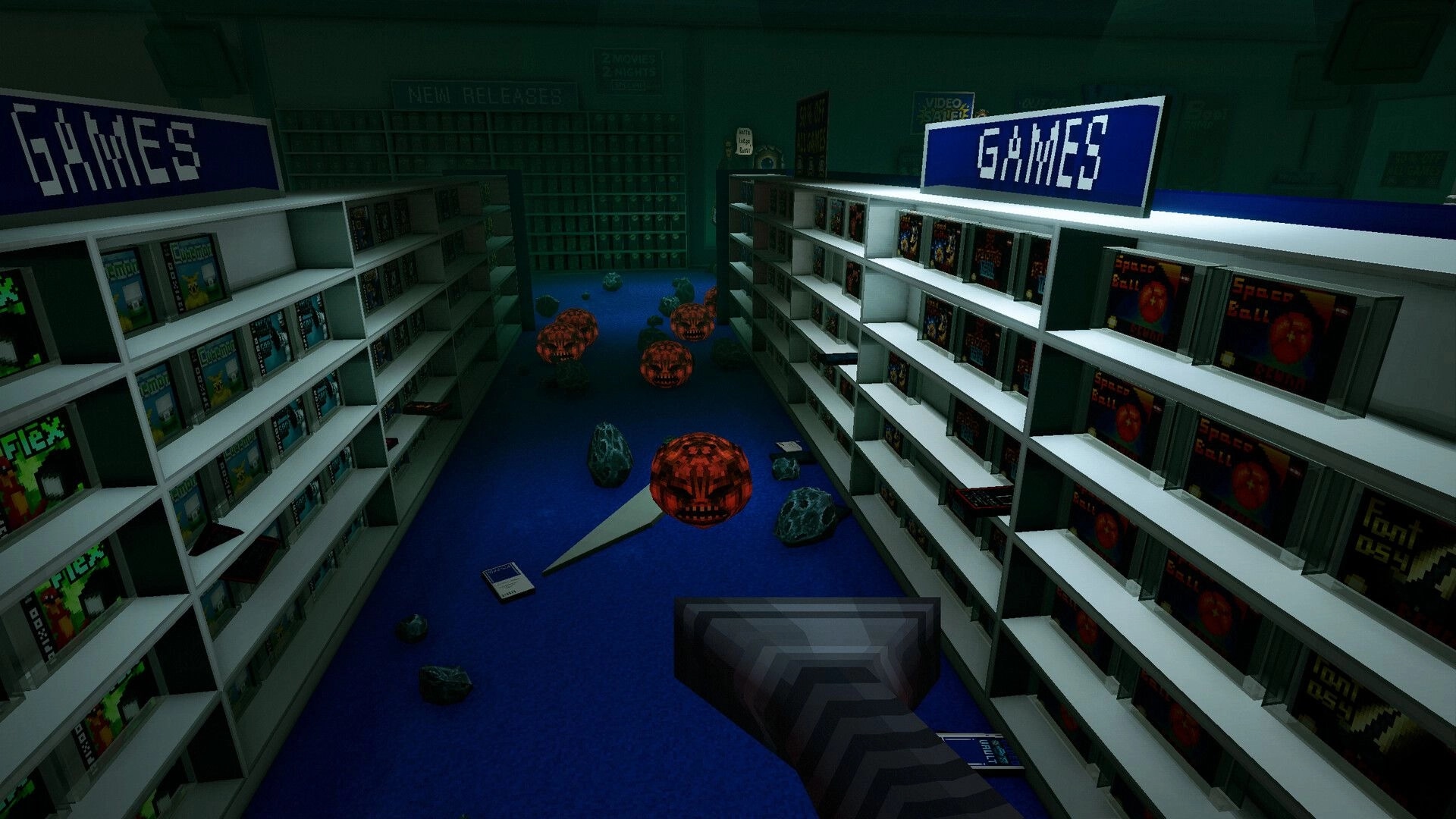 Victor’s Video Vault: First-person view down game aisle, shelves labeled GAMES, eerie red orbs on floor.