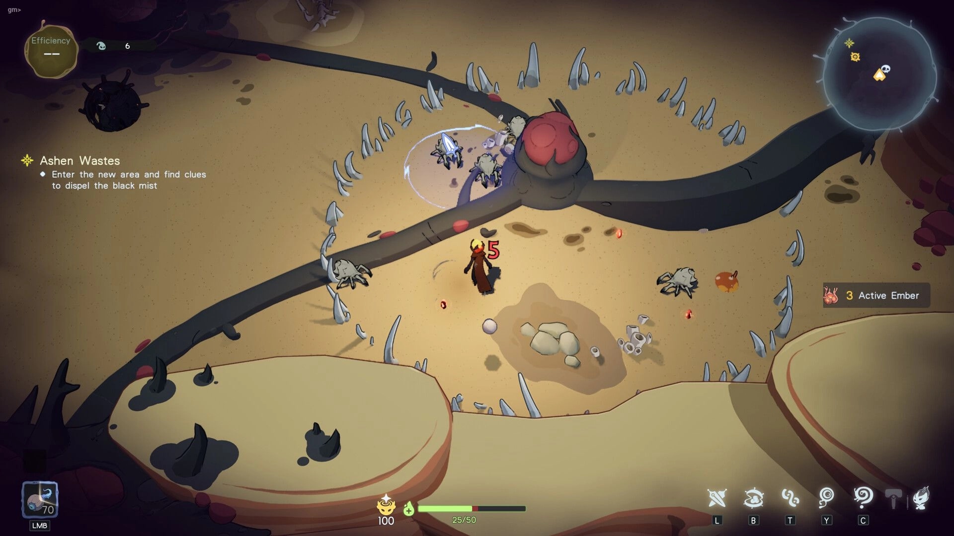 Vignus: Player battles pale crab creatures near a red nest in Ashen Wastes desert, quest UI visible.