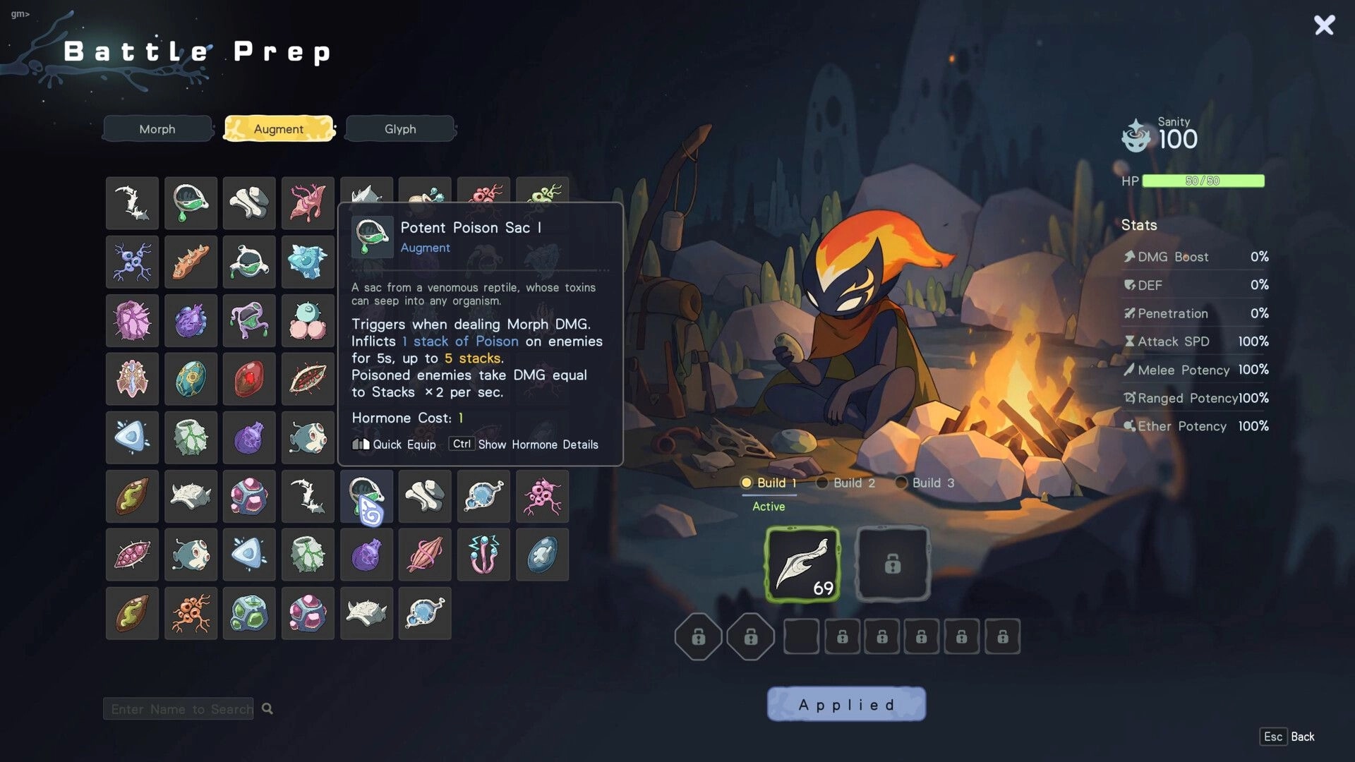 Vignus: Battle Prep augment grid with Potent Poison Sac tooltip beside campfire in dark cave.
