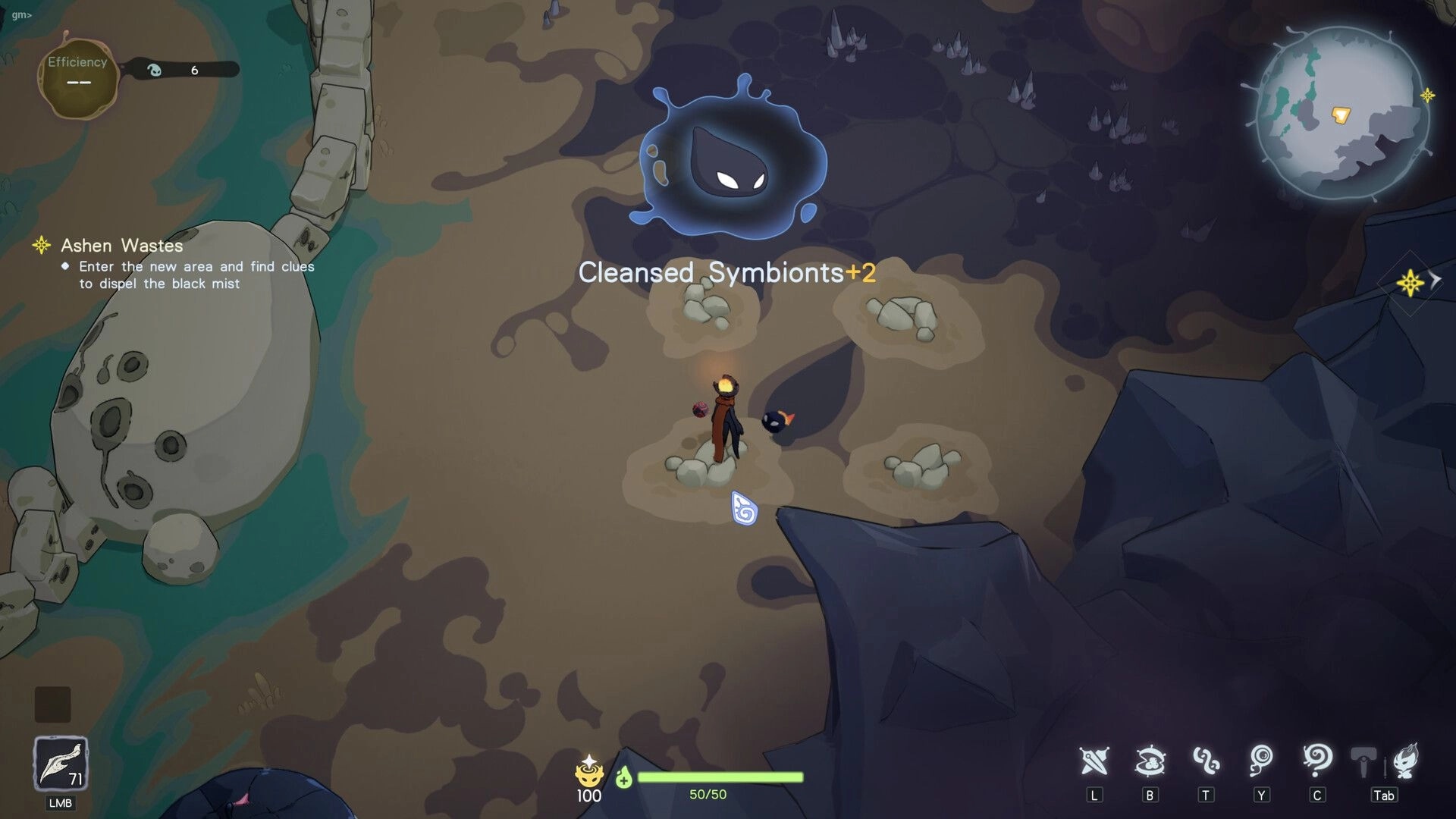 Vignus: Player cleanses symbionts +2 near rocks in Ashen Wastes, quest text and minimap visible.