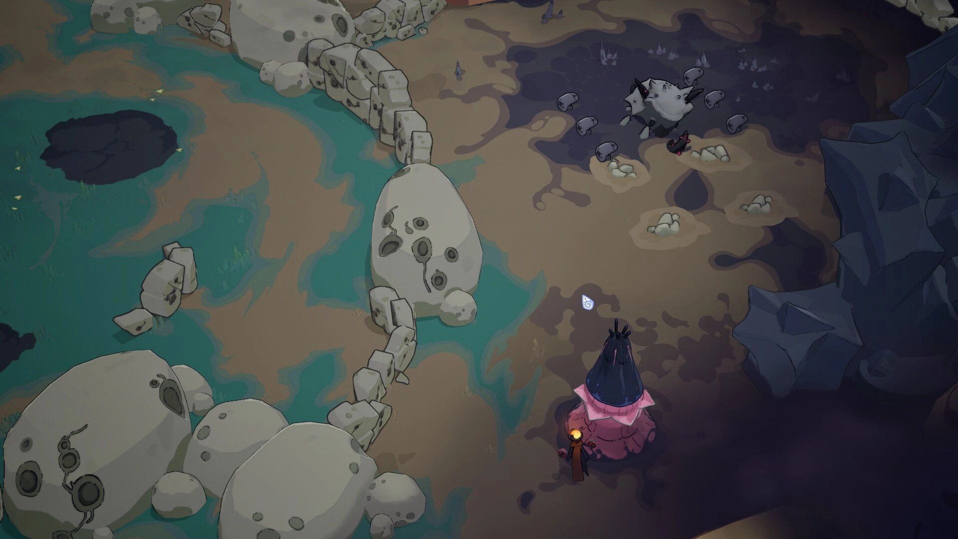 Vignus: Cloaked hero approaches a spiky beast among bone rocks in a swampy alien shoreline cavern.