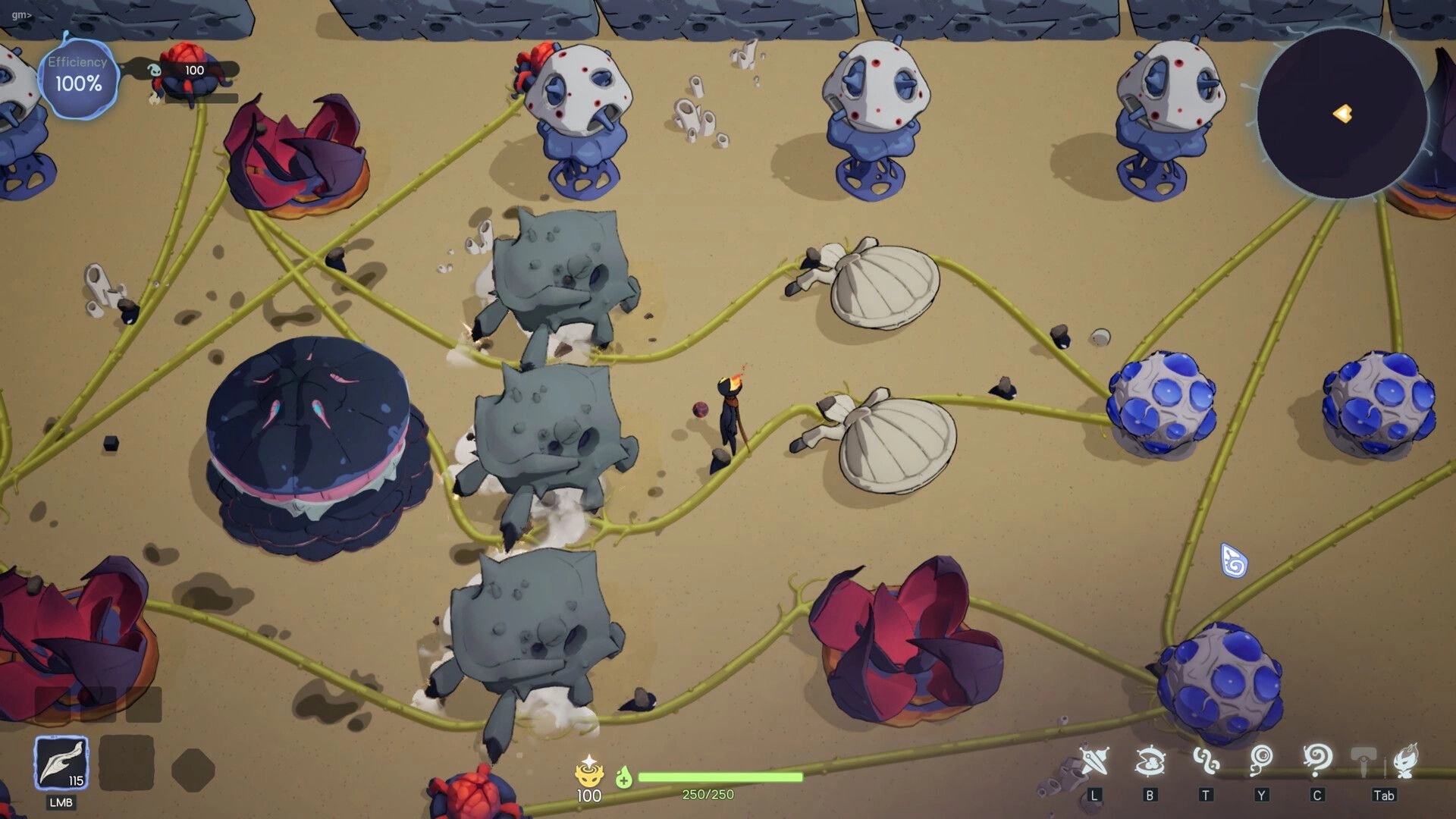 Vignus: Top-down base automation with creatures linked by vines across sandy alien ground and UI icons.