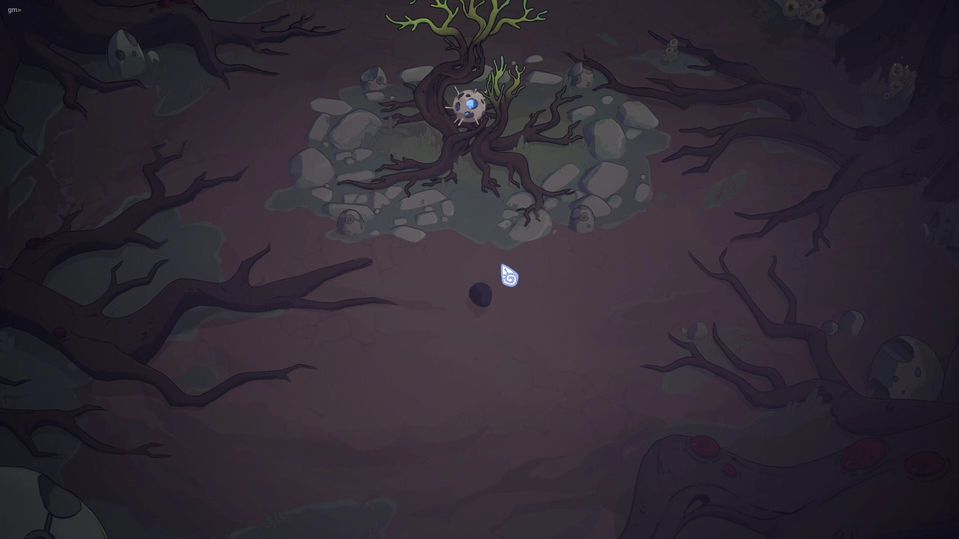 Vignus: Glowing blue-eyed pod nestled in twisted roots on rocky clearing in a dim alien forest.