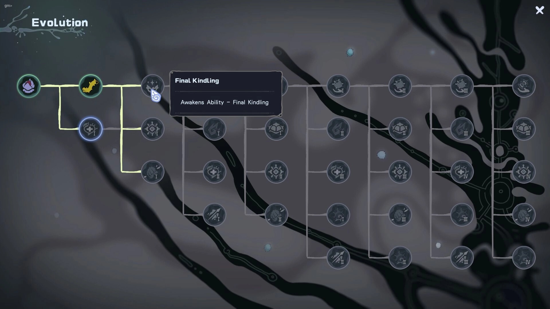 Vignus: Evolution skill tree with Final Kindling tooltip highlighted on a branching node map UI.