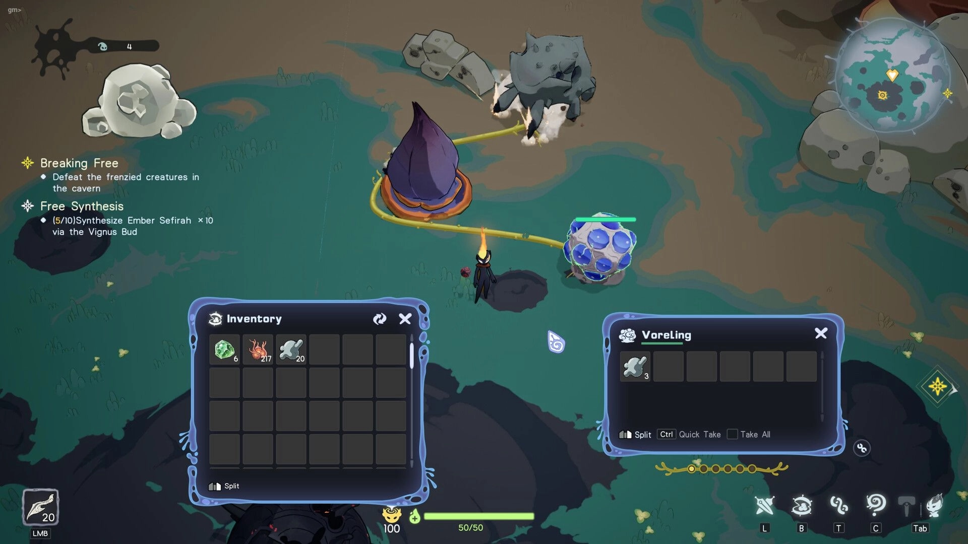 Vignus: Inventory and Voreling loot windows open beside player on a rocky alien shoreline map.