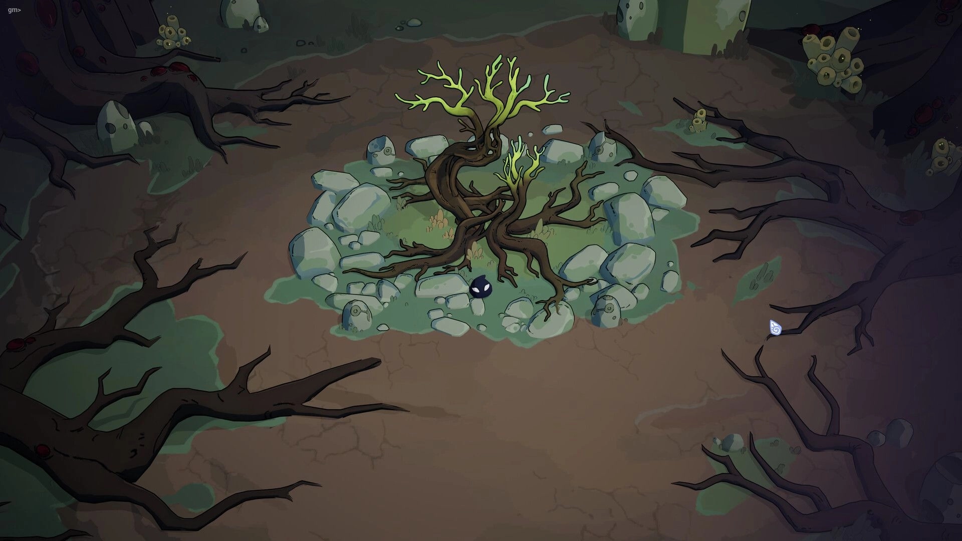 Vignus: Small shadow creature stands by a twisted green tree in a stone ring on barren alien ground.