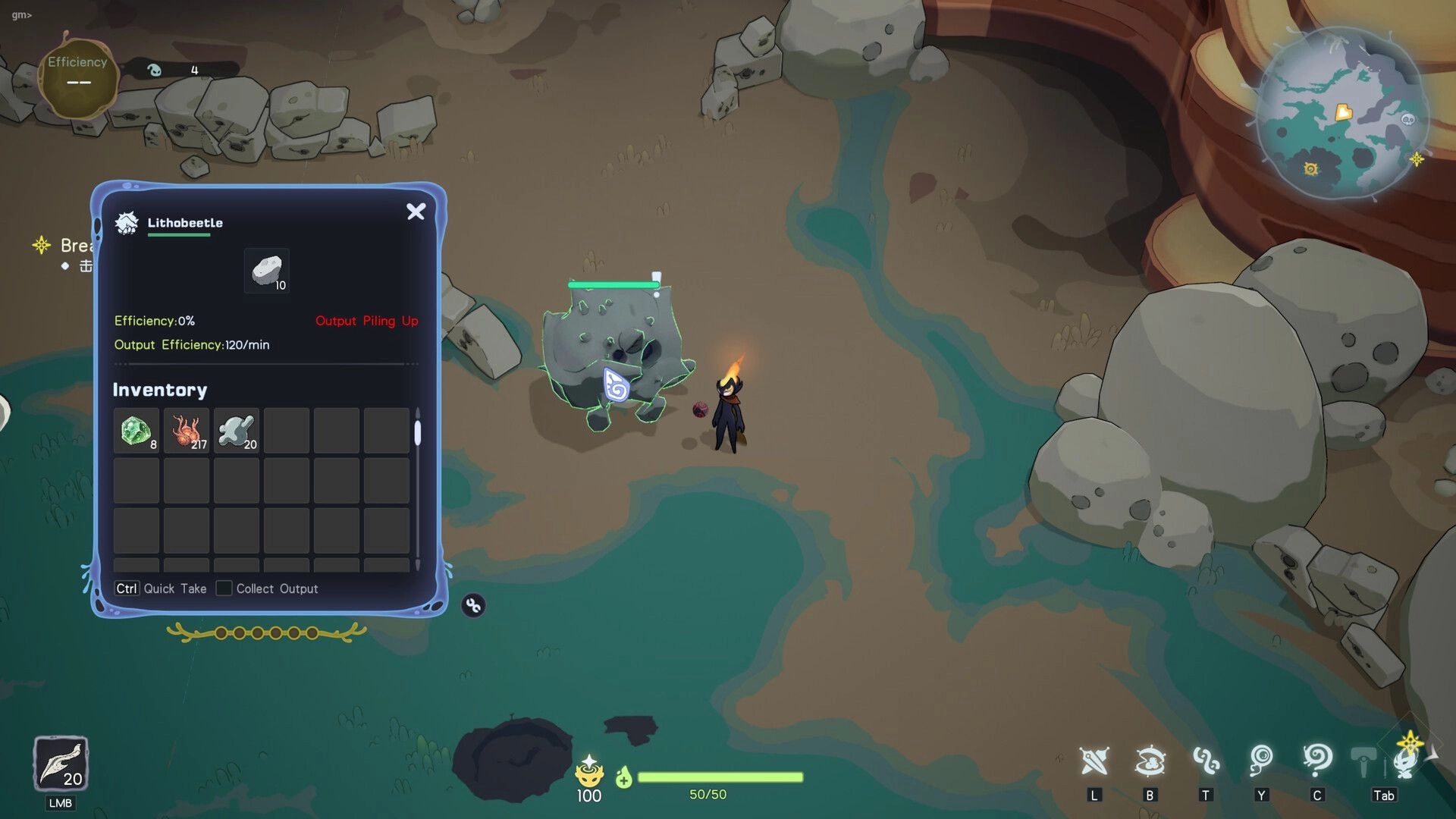 Vignus: Inventory panel for Lithobeetle beside player character on rocky shore with shallow water pools.